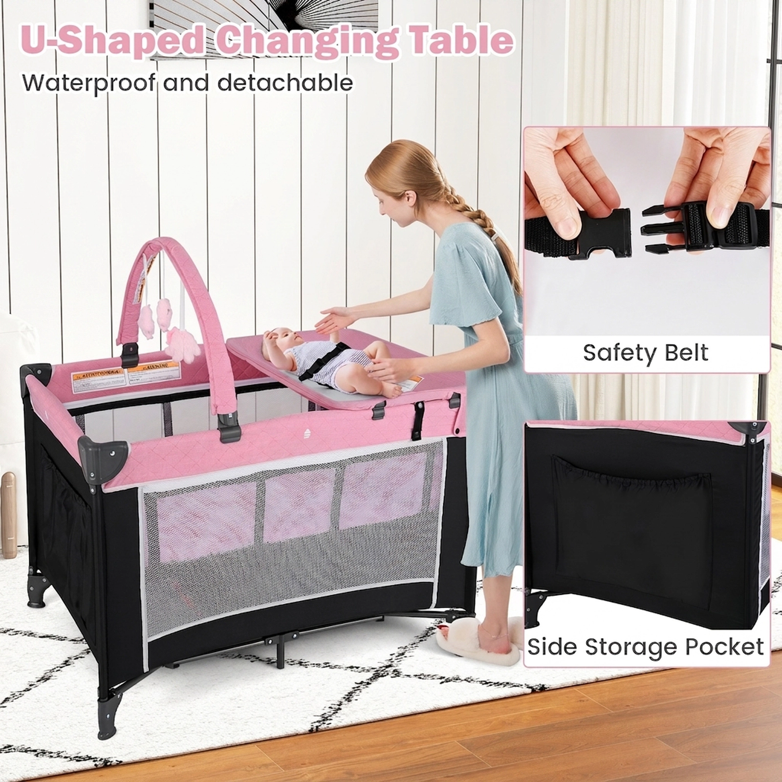 SUGIFT 3-in-1 Portable Baby Crib Bassinet and Playpen with Waterproof Changing Table 19.8-lb Capacity Ages 0-3 Years