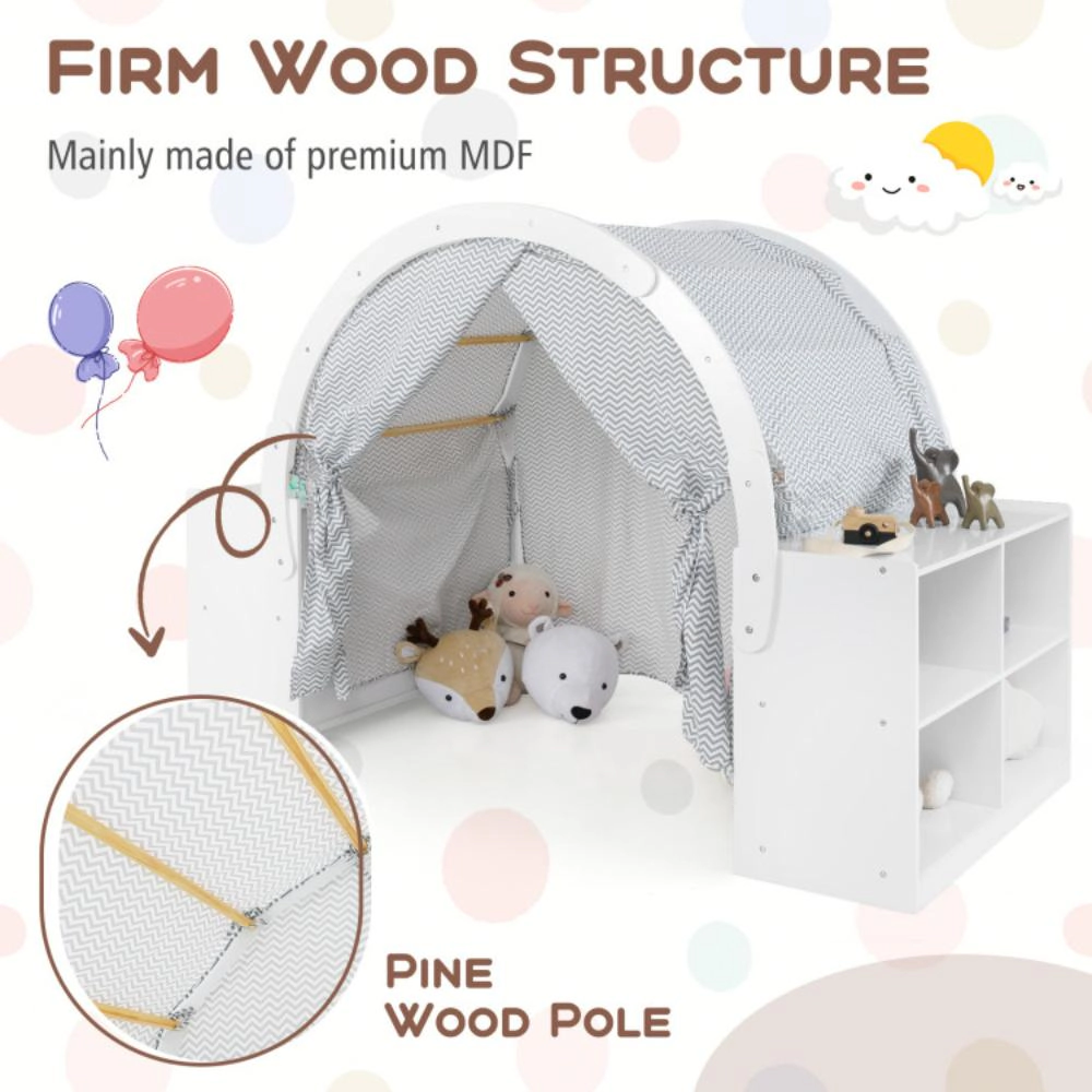 Hivvago Wooden Kids Play Tent with Curtain Shades and 8 Cubbies-White