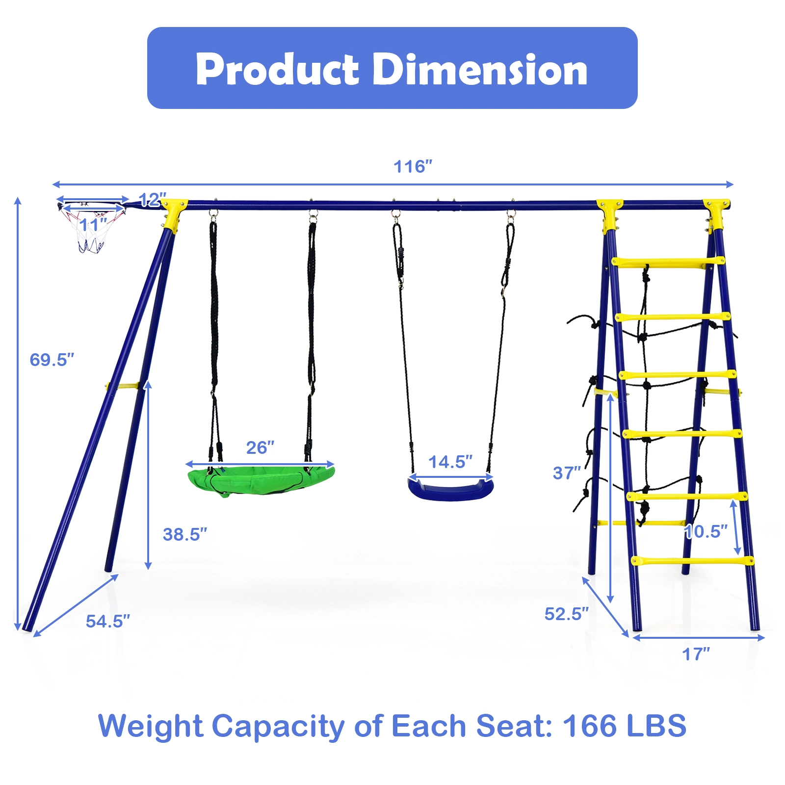 SUGIFT Kids Blue 5-in-1 Metal Swing Set with Basketball Hoop and Climbing Net 116-in W 69.5-in H 166-lb Per Seat