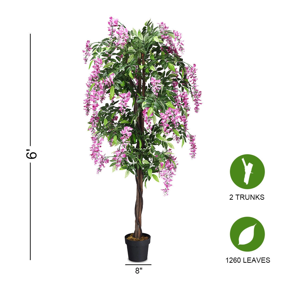 SUGIFT 6-ft Artificial Wisteria Tree with 2 Wood Trunks and 1260 Leaves in Moss Topped Pot in Purple
