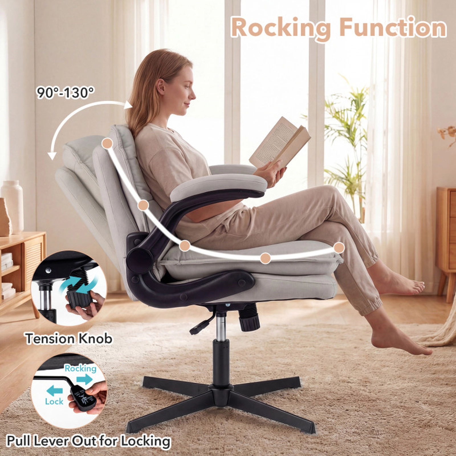 SUGIFT Flip-up Arms Wide Backrest Criss Cross Office Desk Chair 30-in x 27-in x 31-in 330-lb Capacity Beige
