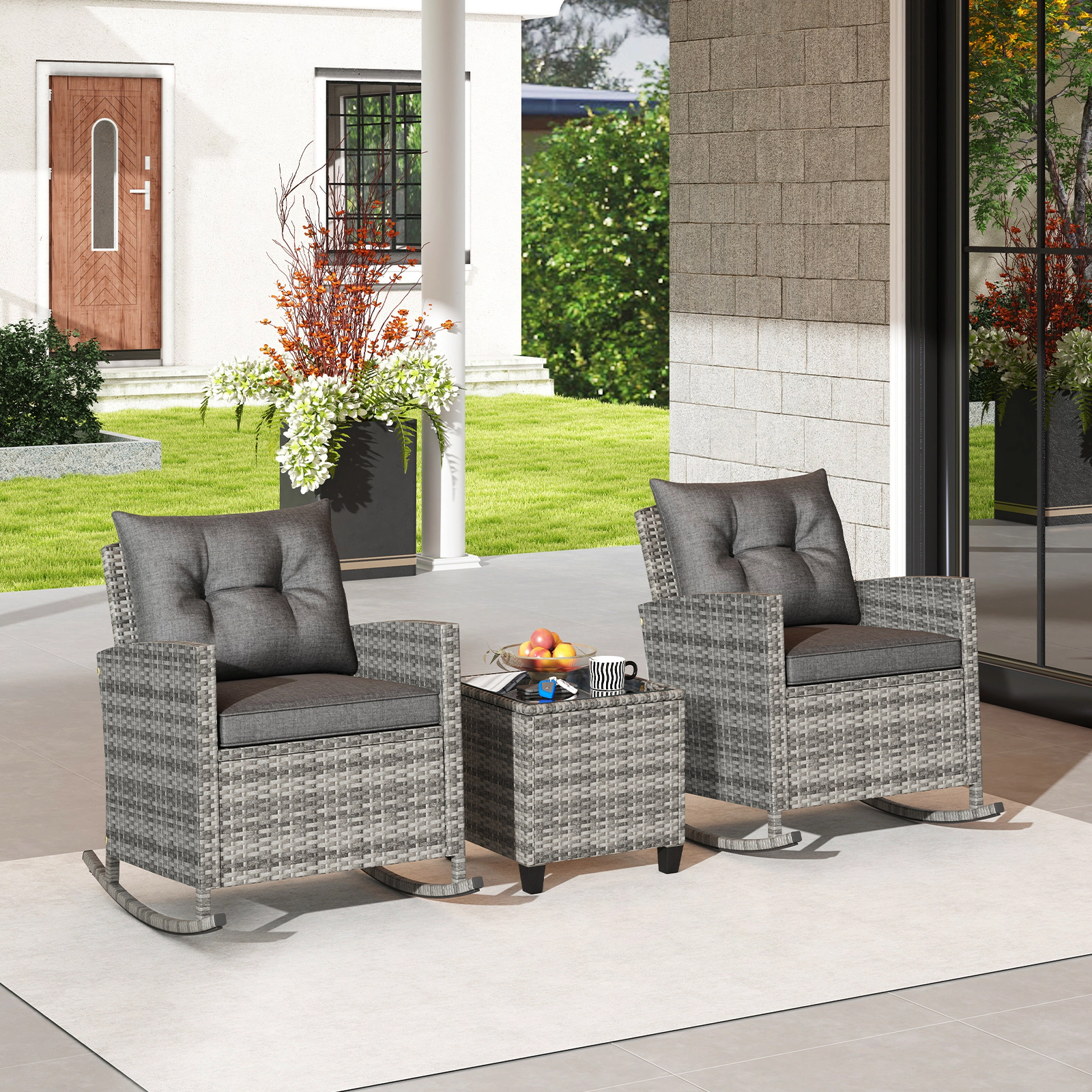 SUGIFT 3-Piece Patio Rocker Set, 2 Wicker Chairs and Glass Side Table