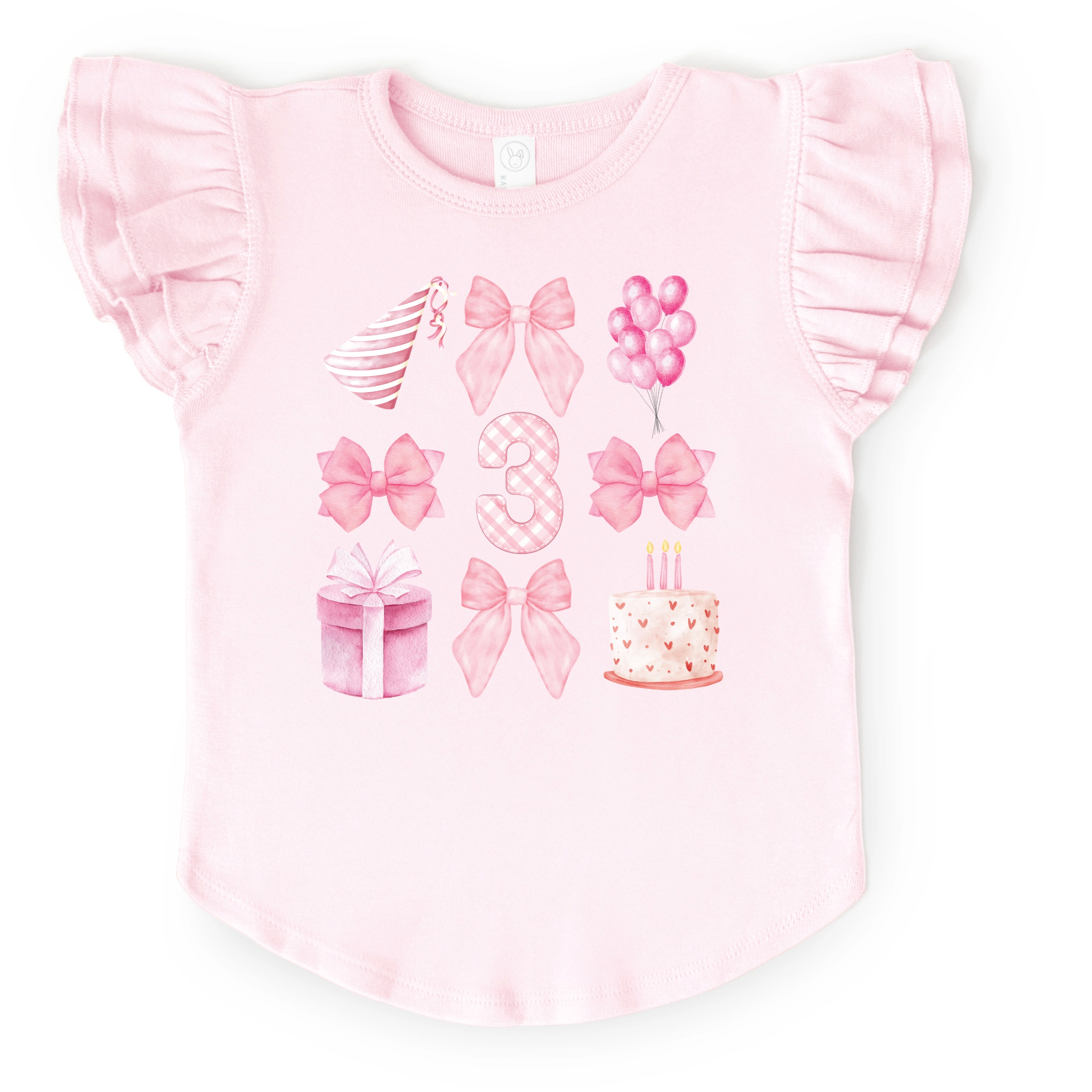 The Juniper Shop - Three Birthday Pink Coquette Flutter Sleeve Graphic T-Shirt