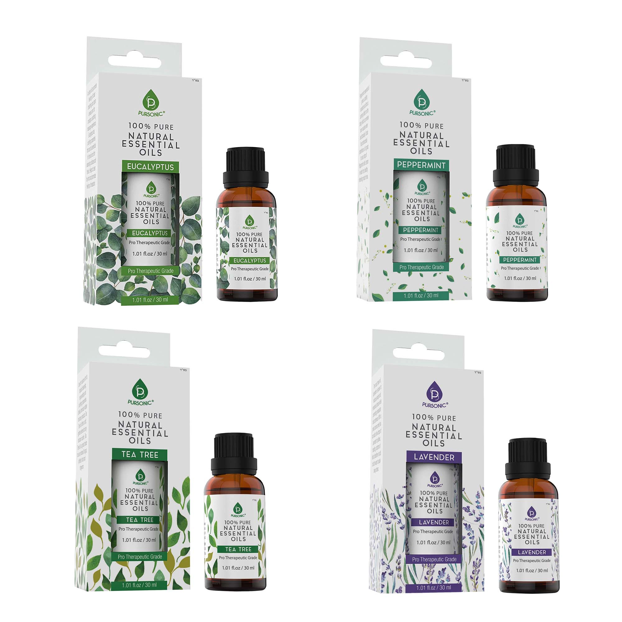 Pursonic Unisex 4-Pack Pure & Natural Essential Oils Collection – Eucalyptus, Lavender, Tea Tree, and Peppermint