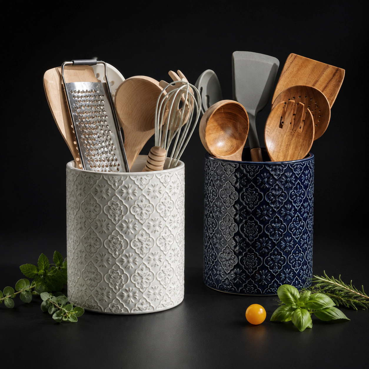 WZK Large Ceramic Embossed Crock Kitchen Utensil Holder