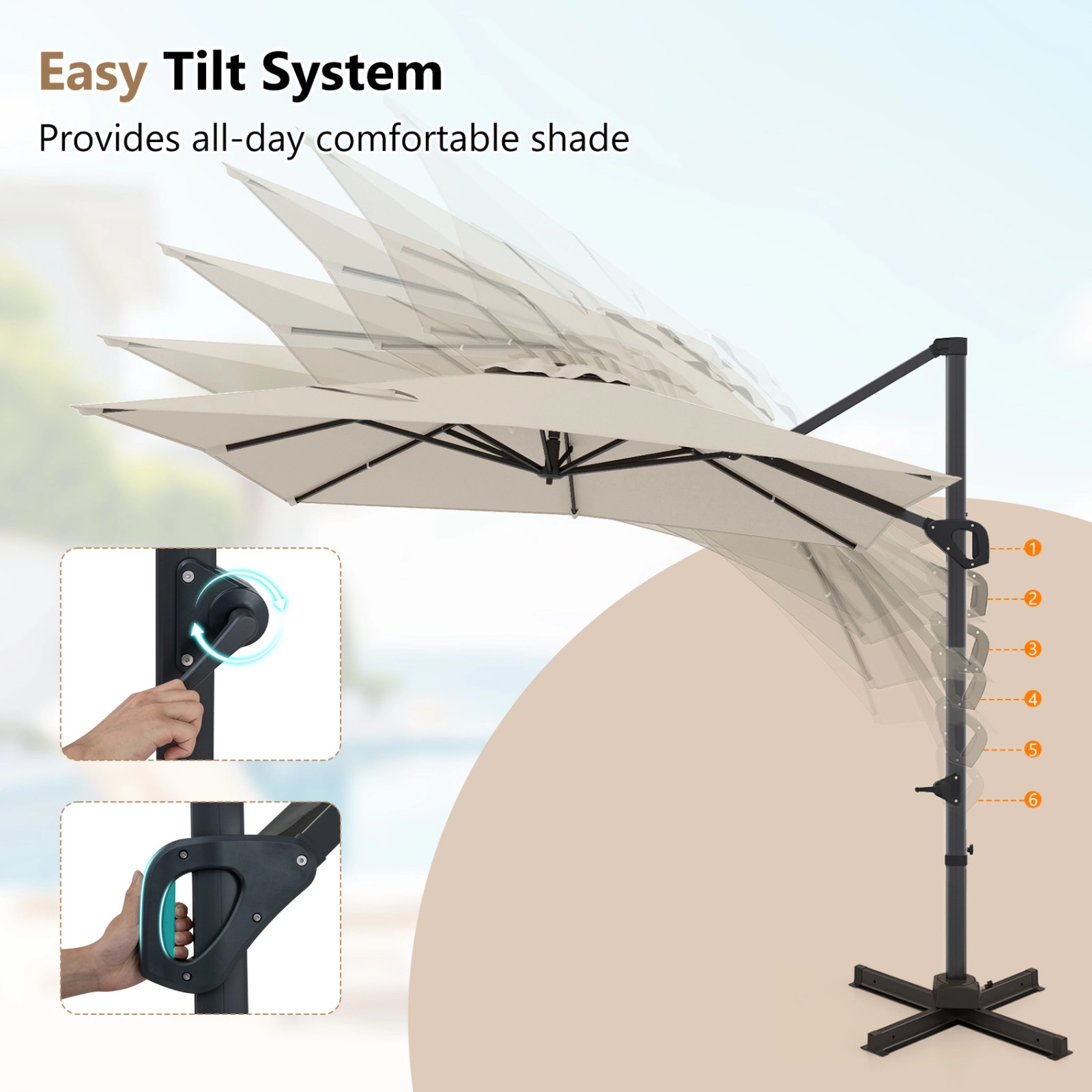 SUGIFT 11 x 9ft Cantilever Patio Umbrella with 360 Degree Rotation and Easy Tilt Adjustment 40 x 40 in Cross Base Beige