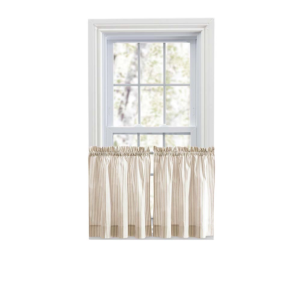 Ellis Curtain Plaza Classic Ticking Stripe Printed 1.5" Rod Pocket Tailored Tiers 56" x 36" Tan