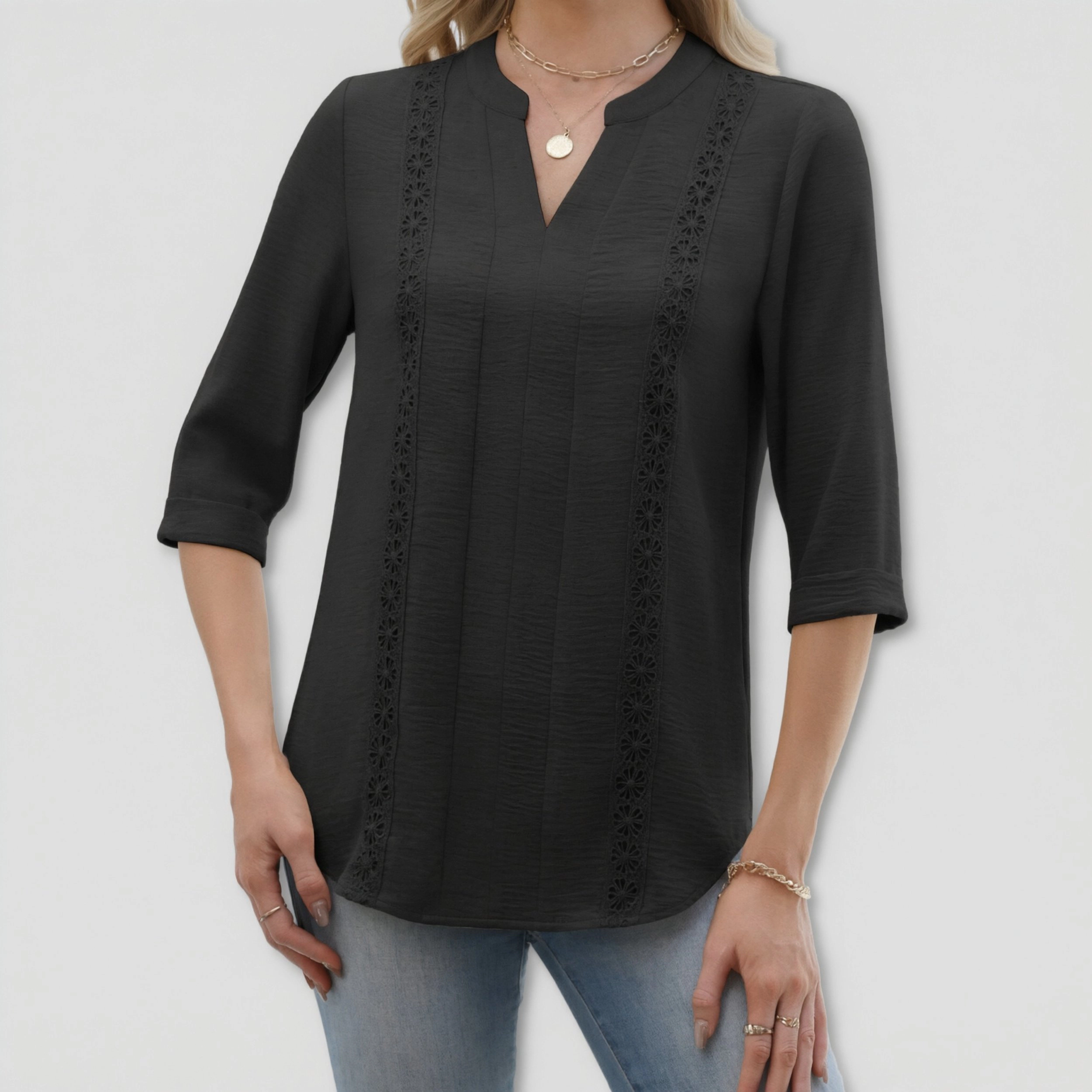 Zeagoo Women's Notched V Neck Eyelet Lace Panel Three Quarter Sleeve Crinkle T-shirt