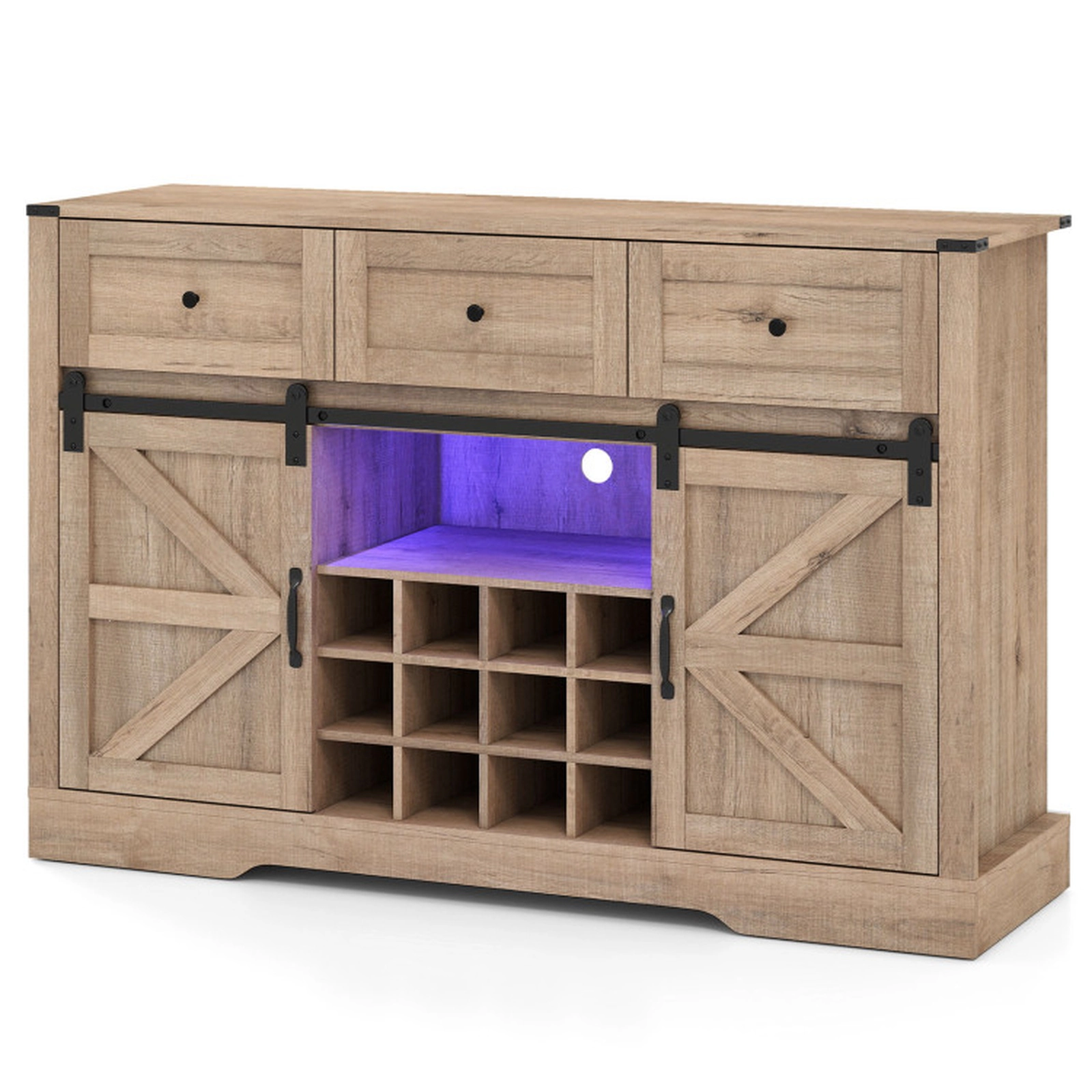 SUGIFT 52-in 240-lb Shelf Wine and Liquor Cabinet with LED Lights Remote Control and Sliding Barn Doors