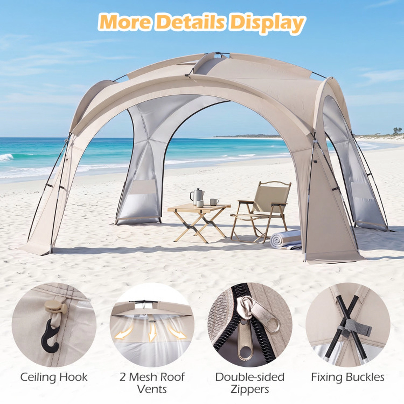 SUGIFT 12-15 Person Beige Dome Beach Canopy Tent with 4 Removable Zippered Sidewalls 13.3-ft W 13.3-ft D 7.6-ft H
