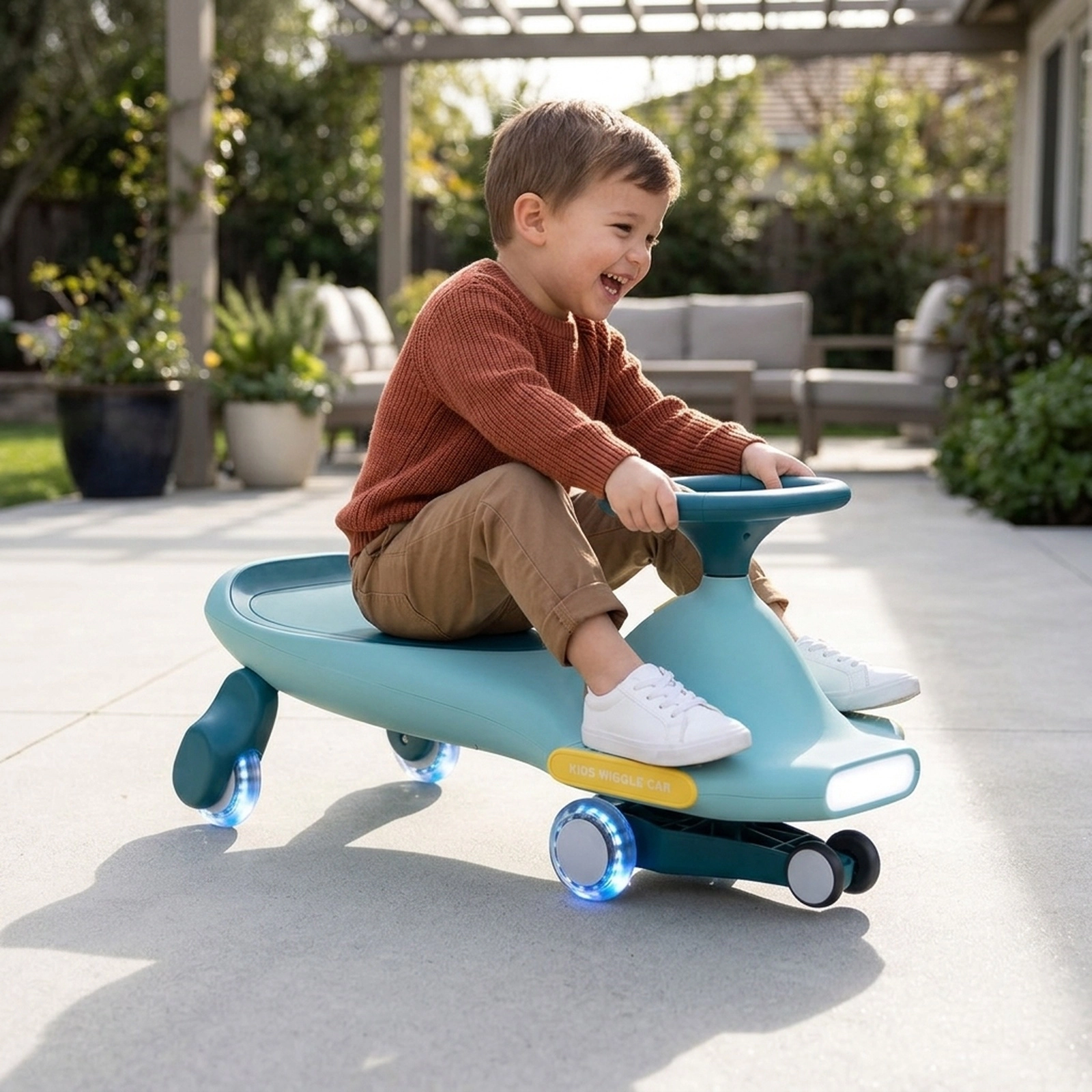 SUGIFT Blue 6 LED Flashing Wheels Music and Wide Wheelbase Kids Ride On Wiggle Car