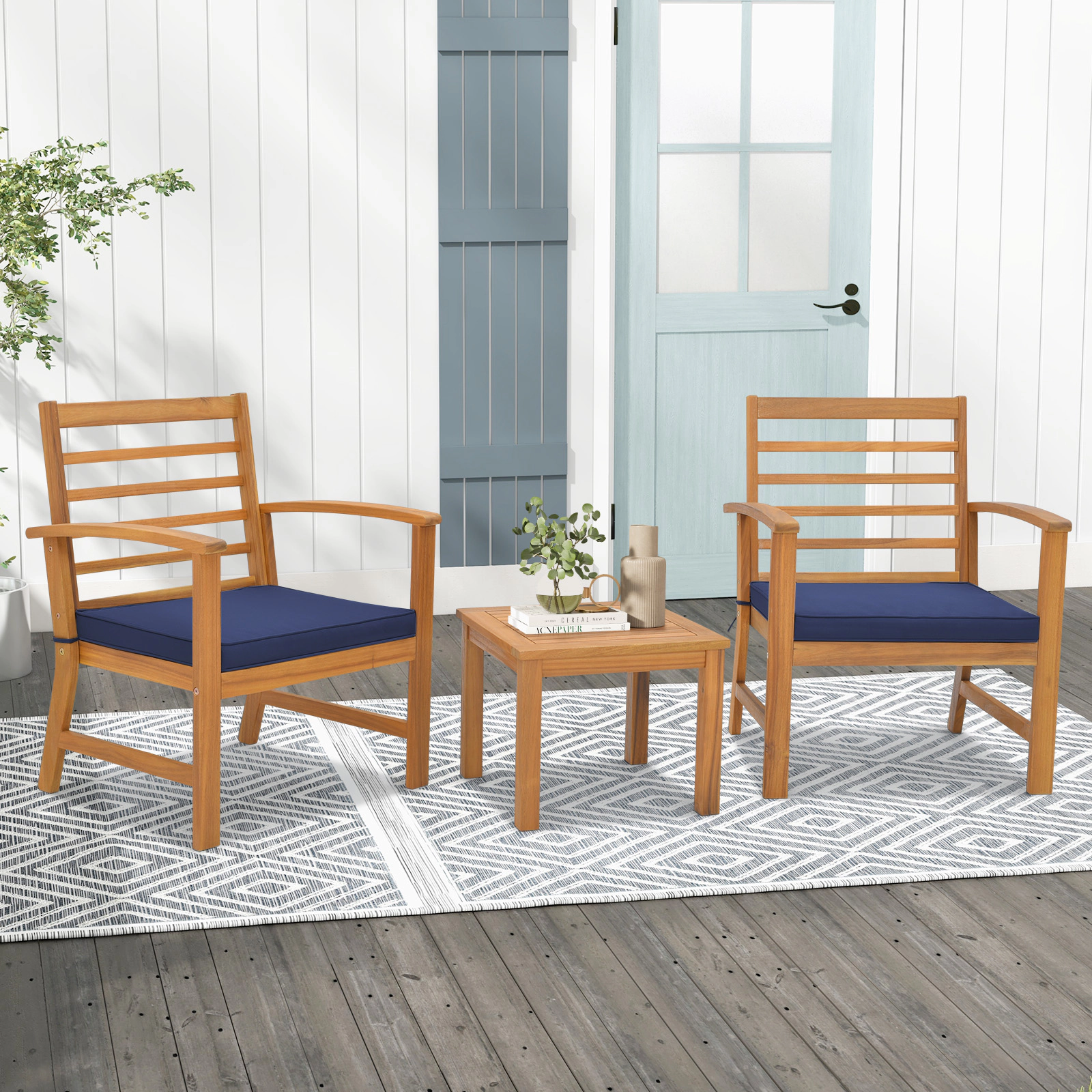 SUGIFT Outdoor Conversation Set with Cushions 400-lb Chair Capacity 180-lb Table Capacity Navy Gray/White