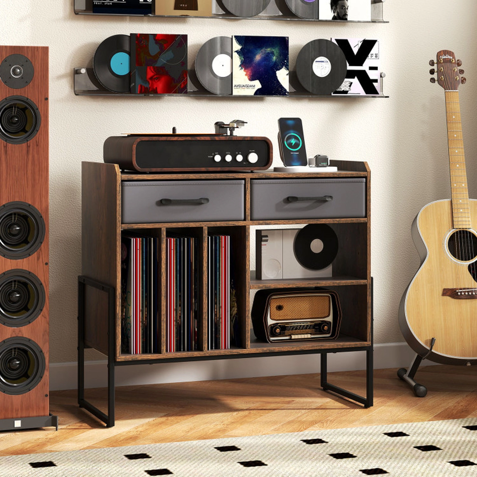 SUGIFT Rustic Brown Mid-Century Record Player Stand with Vinyl Storage, Power Outlet and USB Ports