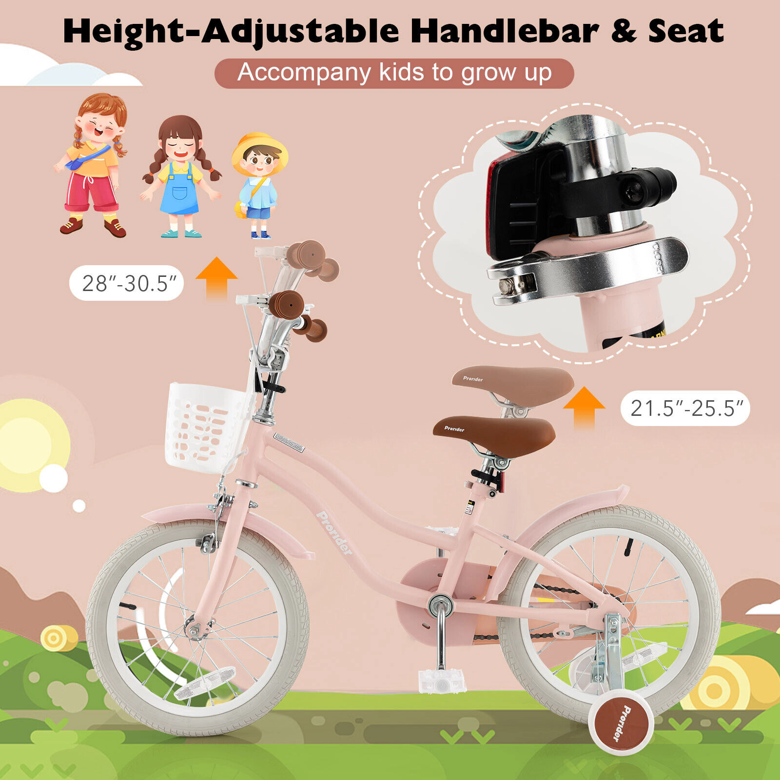 SUGIFT 16-In Kids Bike with Front Handbrake Coaster Brake Training Wheels 99-lb Seat Capacity Ages 4-7 Pink