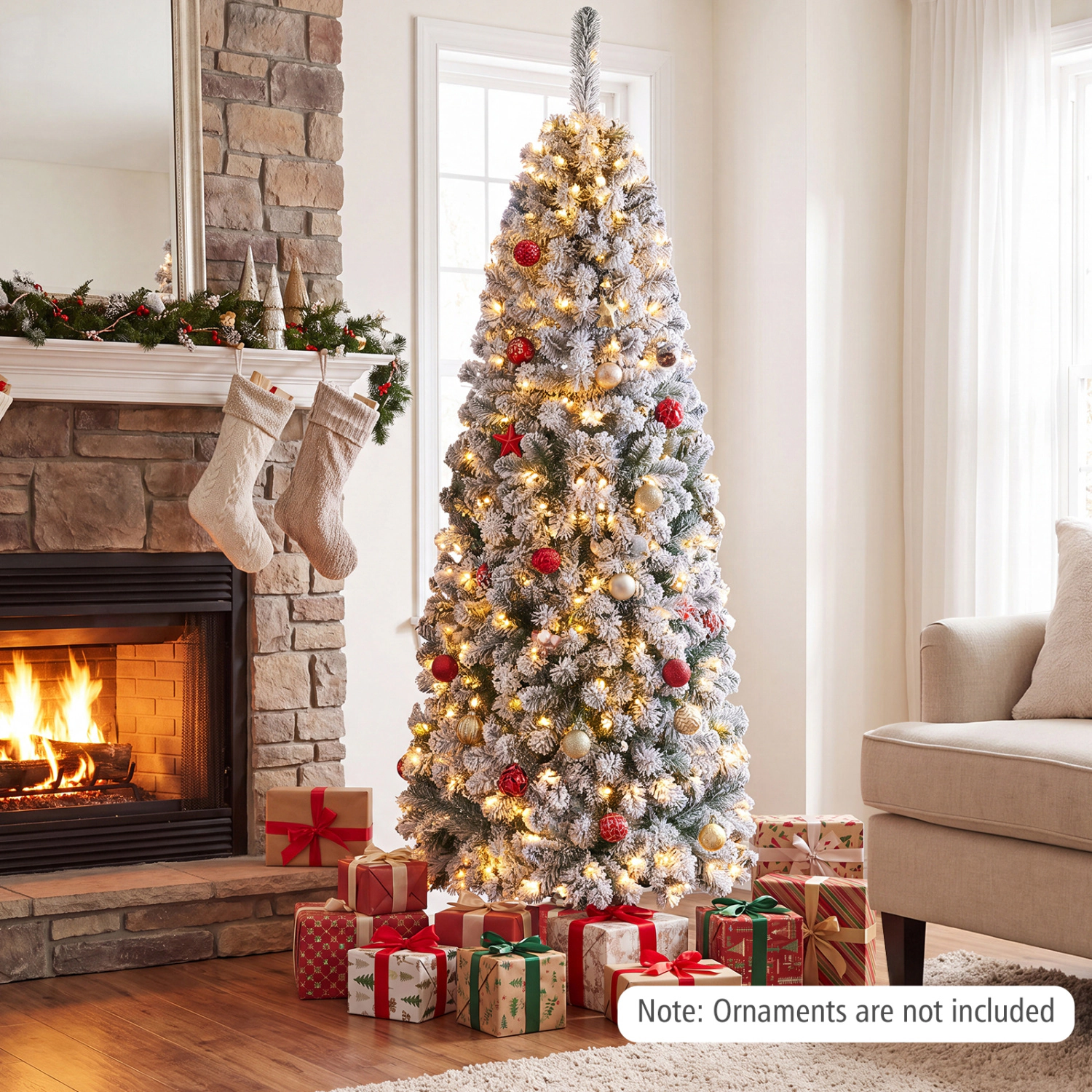 LJG Feet Pre-Lit Snow Flocked Artificial Pencil Christmas Tree with LED Lights