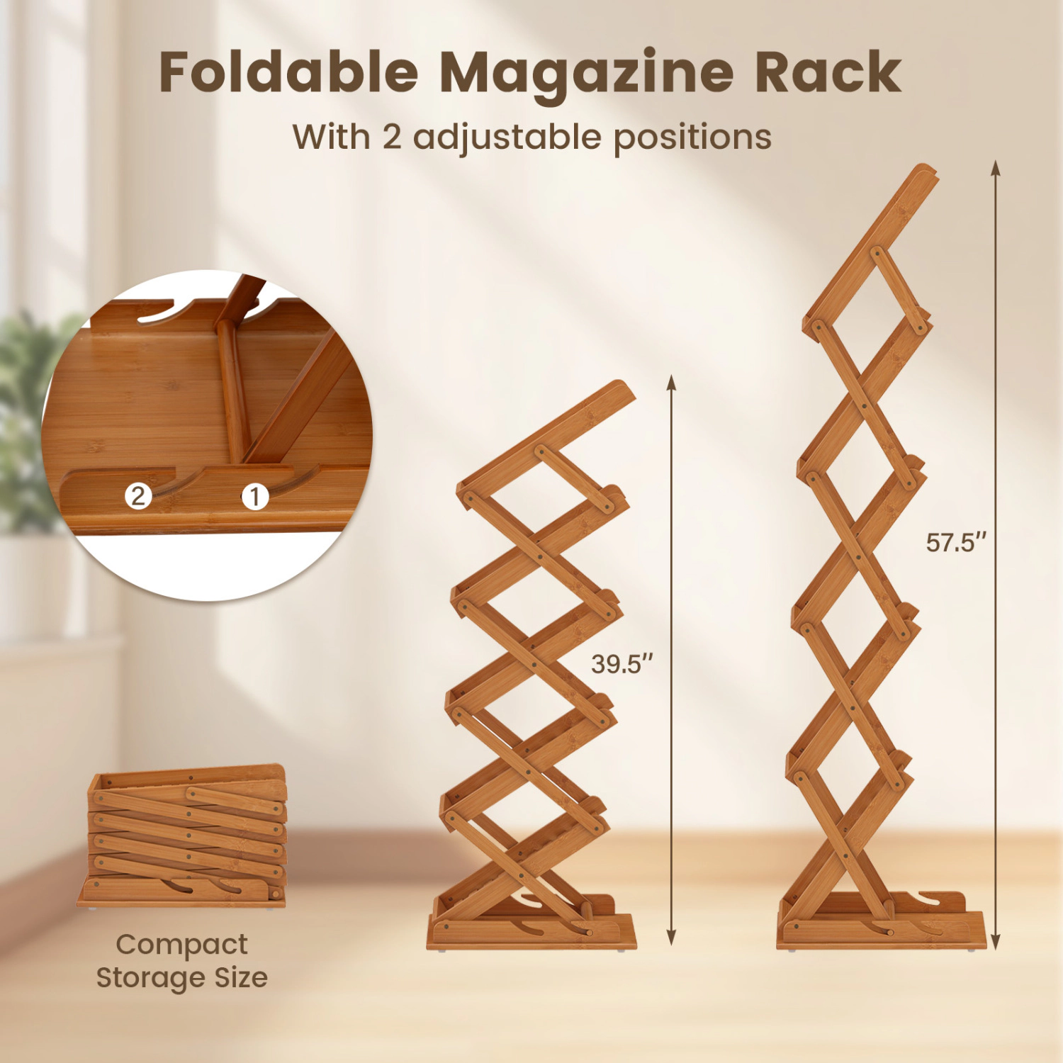 Glintex Foldable Bamboo Magazine Rack with 2 Height Positions and 5 Tiers, Walnut