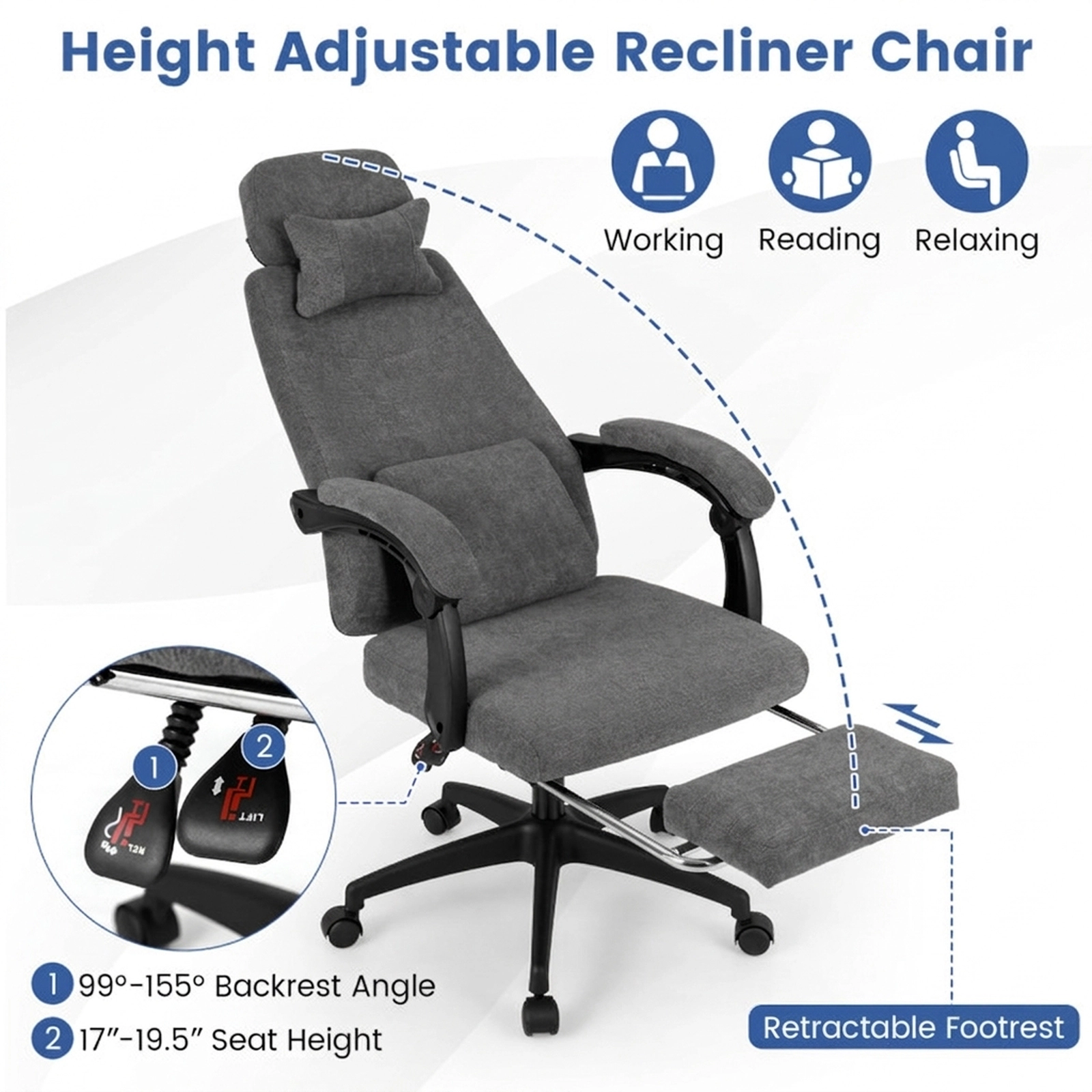 SUGIFT 350-lb Capacity Gray Chenille Reclining Computer Desk Chair with Retractable Footrest and Head Pillow