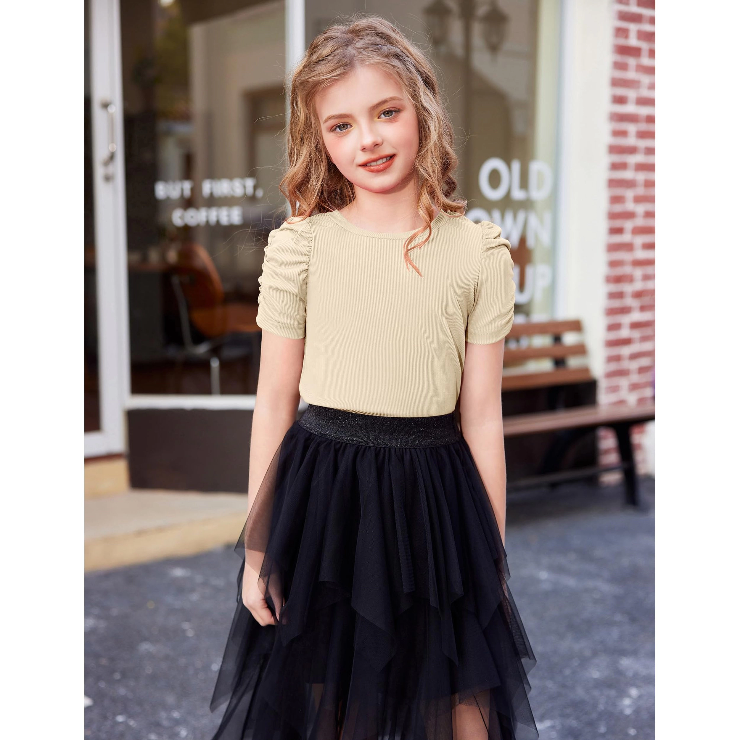 Arshiner Girls Shirts Creweck Puff Sleeve Tops Summer Ribbed Knit Casual Tshirts T-Shirt Blouse