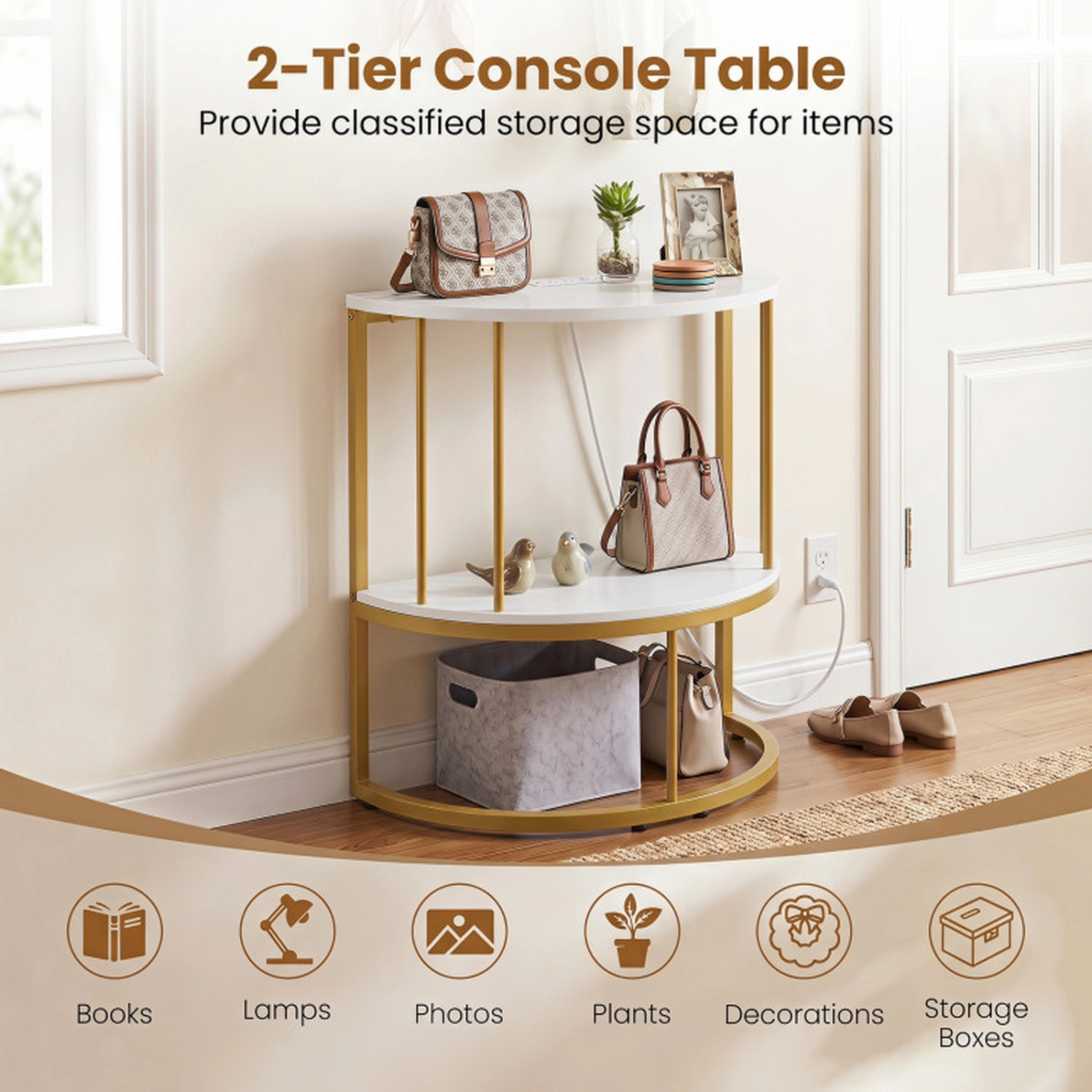 SUGIFT 24-in Half Moon 2-Tier 45-lb Capacity White Console Table with Power Outlets and Storage Shelf