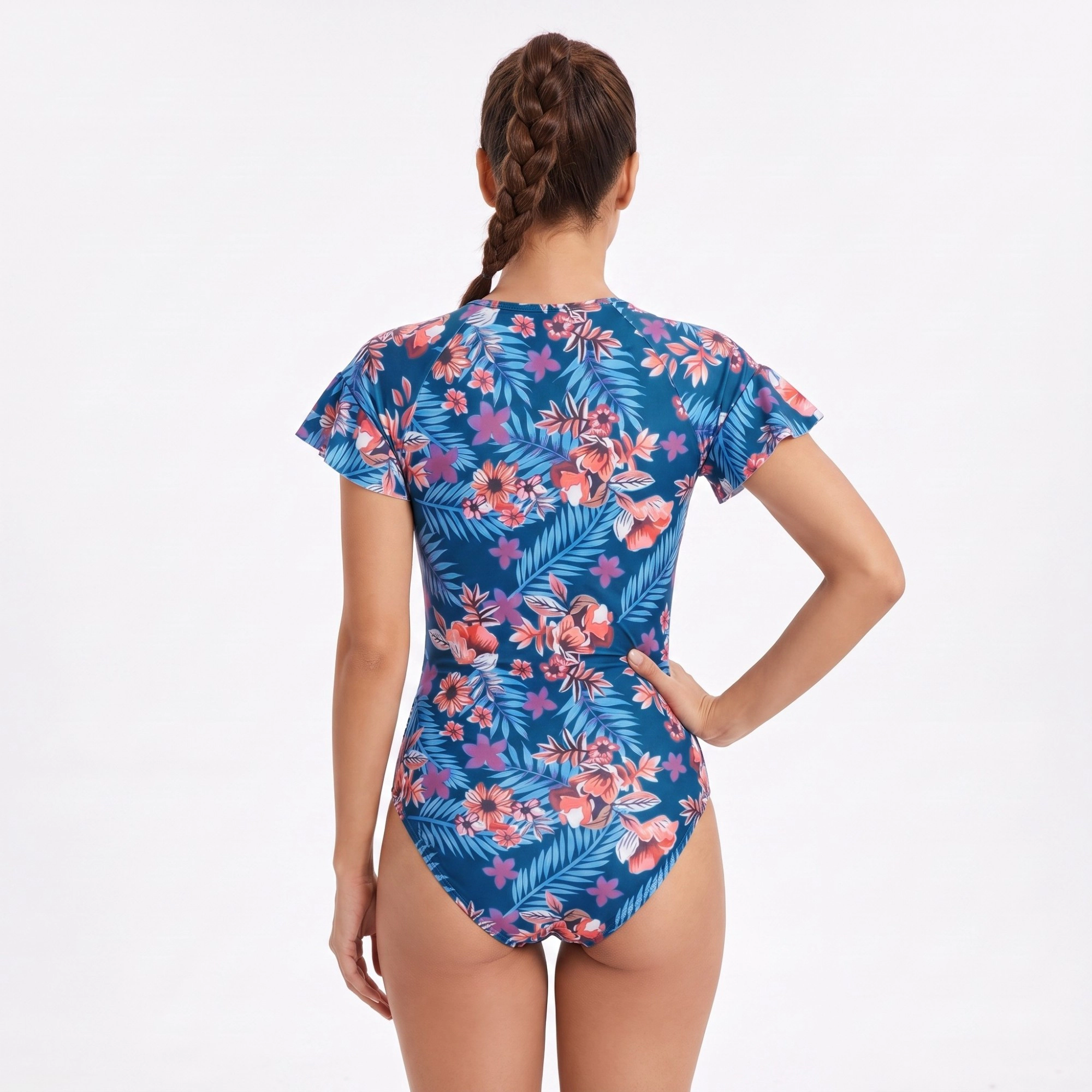 Anna-Kaci Women's Floral Short Sleeve Zip Front One Piece Swimsuit