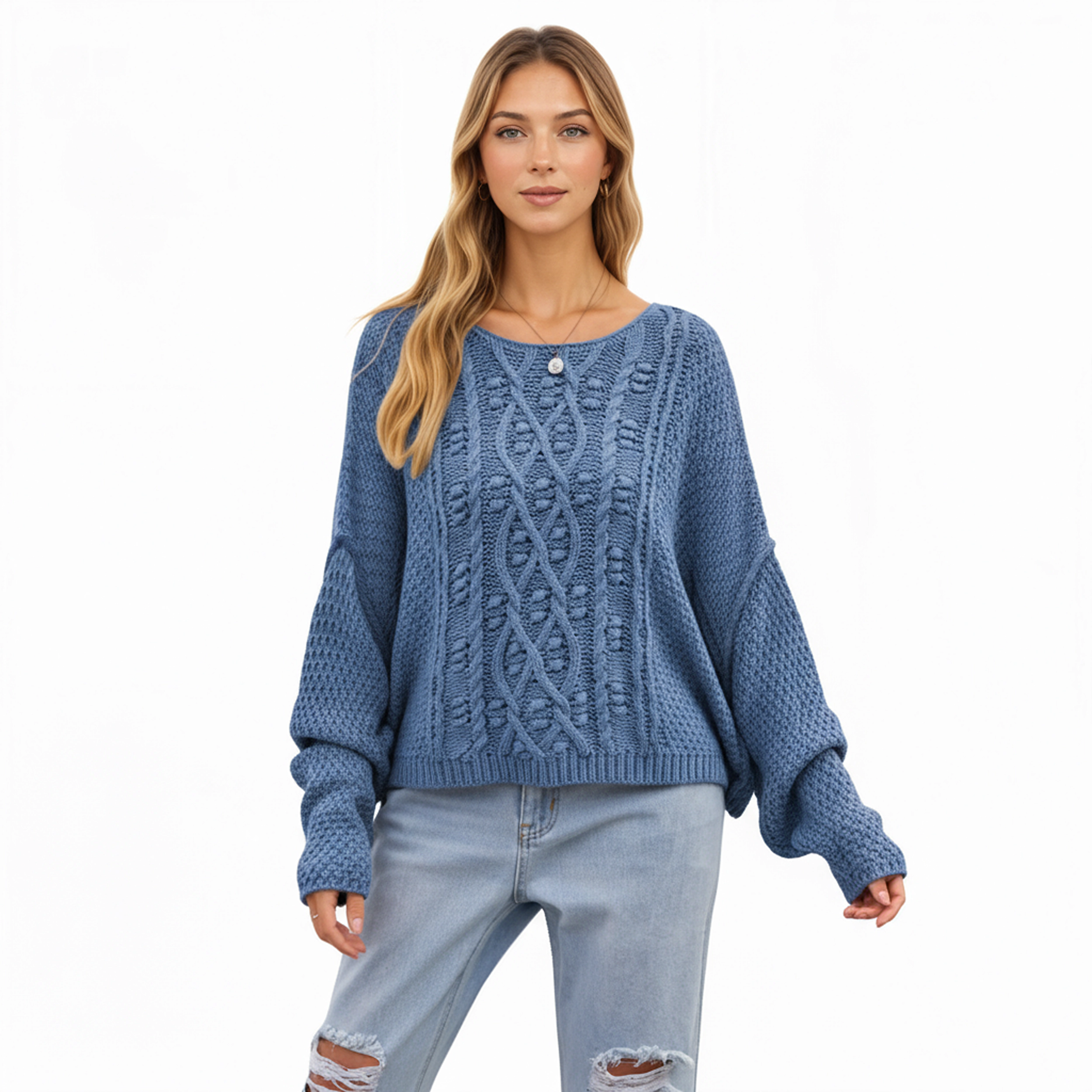Anna-Kaci Women's Long Sleeve Cable Knit Pullover Sweater with Textured Pattern