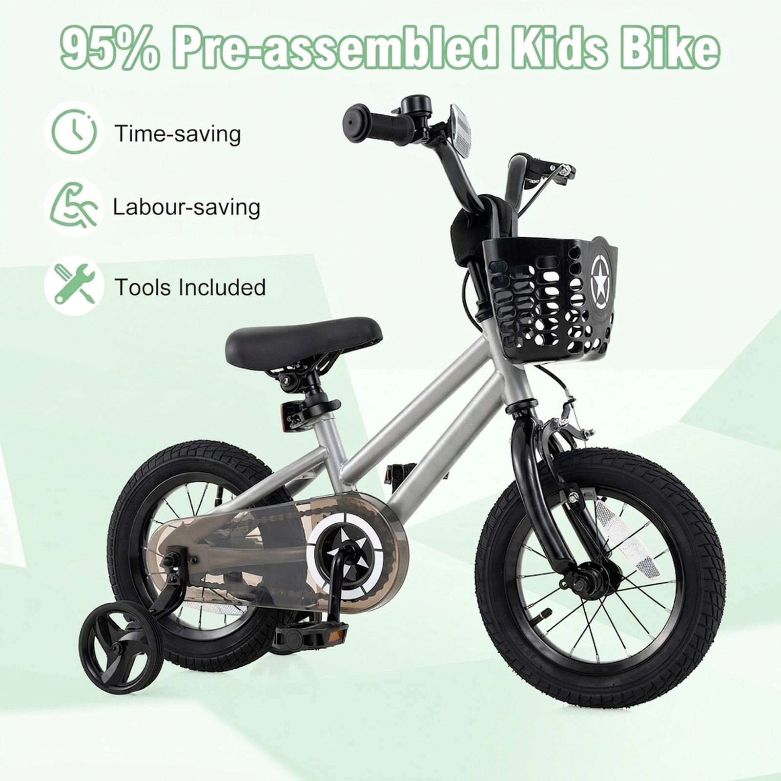 SUGIFT Silver Training Wheels Transparent Chain Cover and Front Basket Kids 12 Inch Bike
