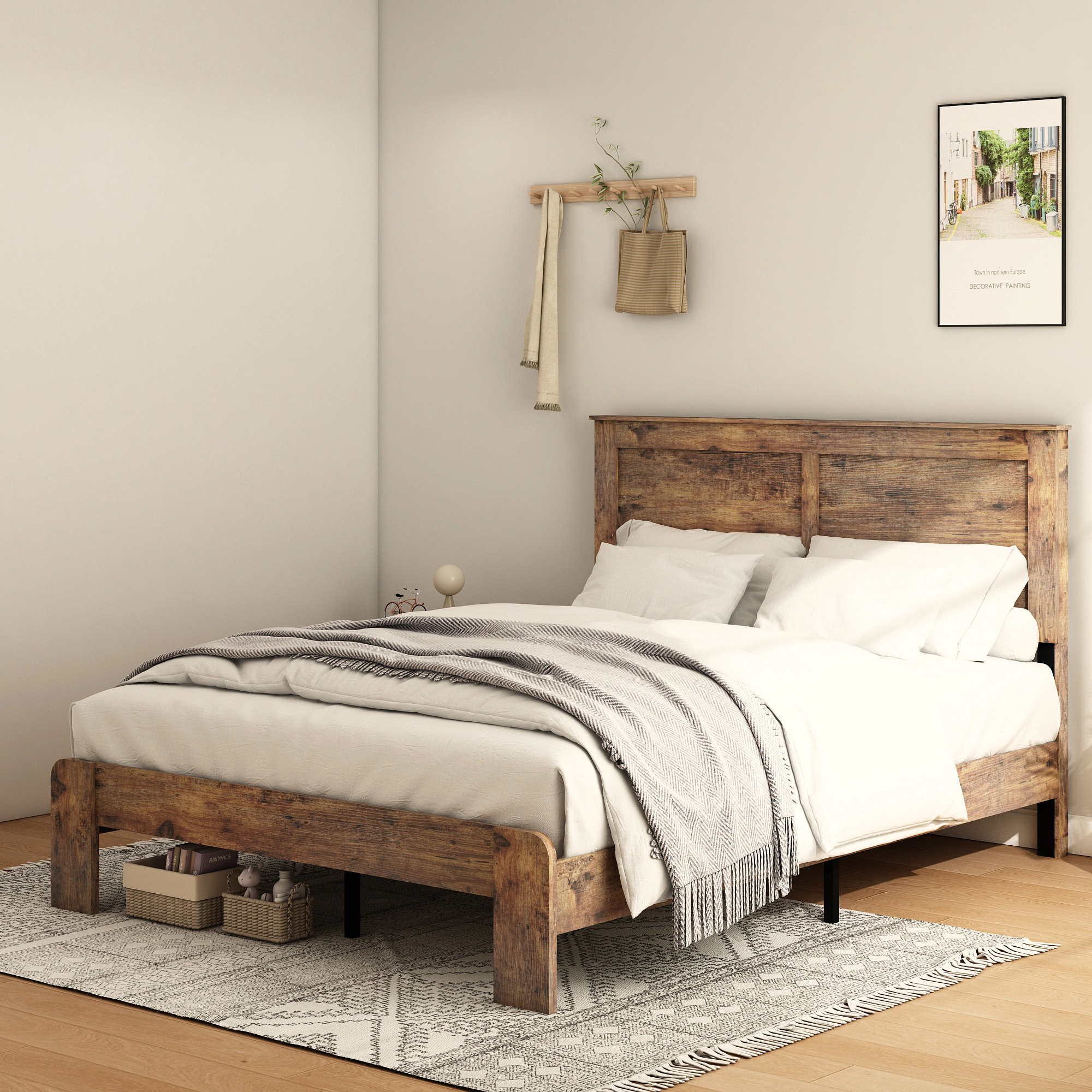 Flynama King Wood Platform Bed, Noise-Free, Large Under-Bed Storage, Dark Brown