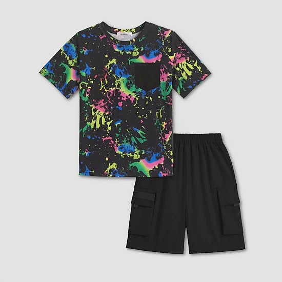 Arshiner Boys Tiedye Set Short Sleeve T-Shirt Cargo Shorts Fun Summer Style For Kids