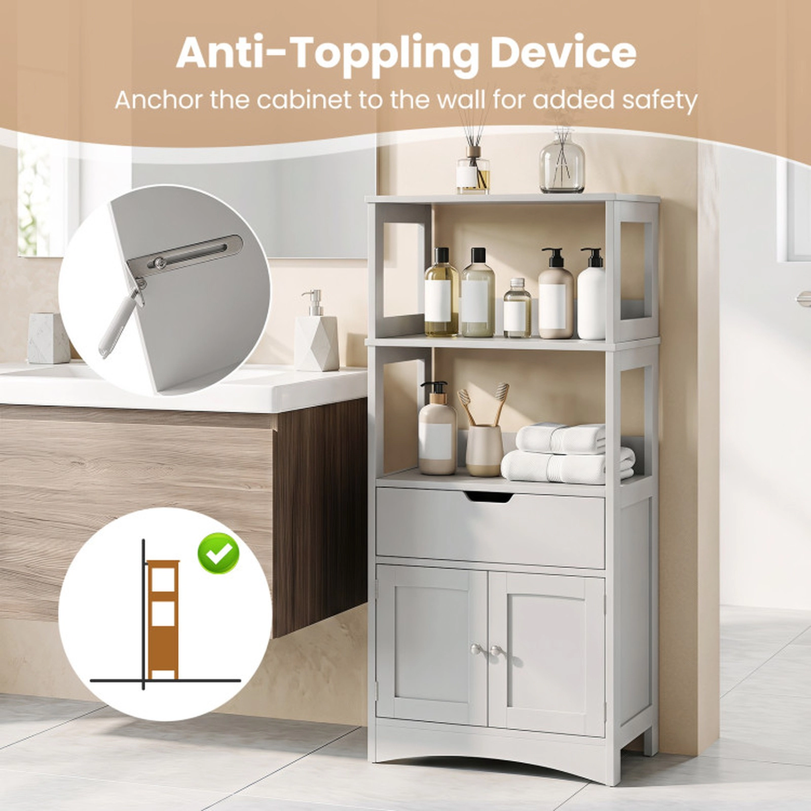 SUGIFT Bathroom Storage Cabinet with Open Shelves Drawer and Doors 110-lb Capacity Engineered Wood Black Gray White
