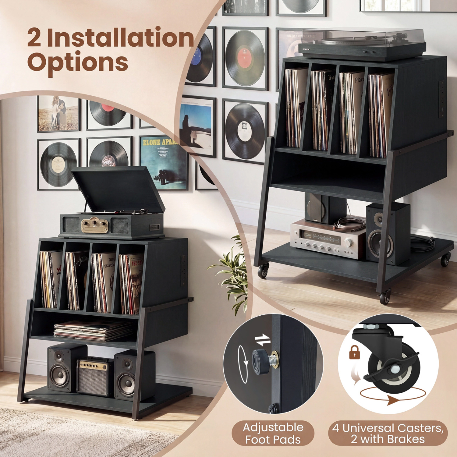 Glintex Rolling Record Player Stand with 4 Compartments and Dual Install Options