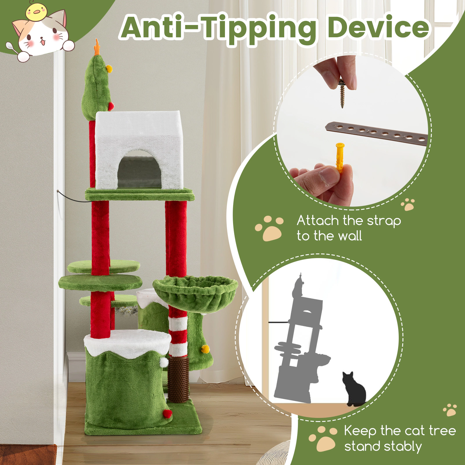 SUGIFT 58-in Tall Multi-Level Cat Tree Tower Furniture with Condos, Cat Basket & Self-Groomer 38-lb Capacity Multi-color