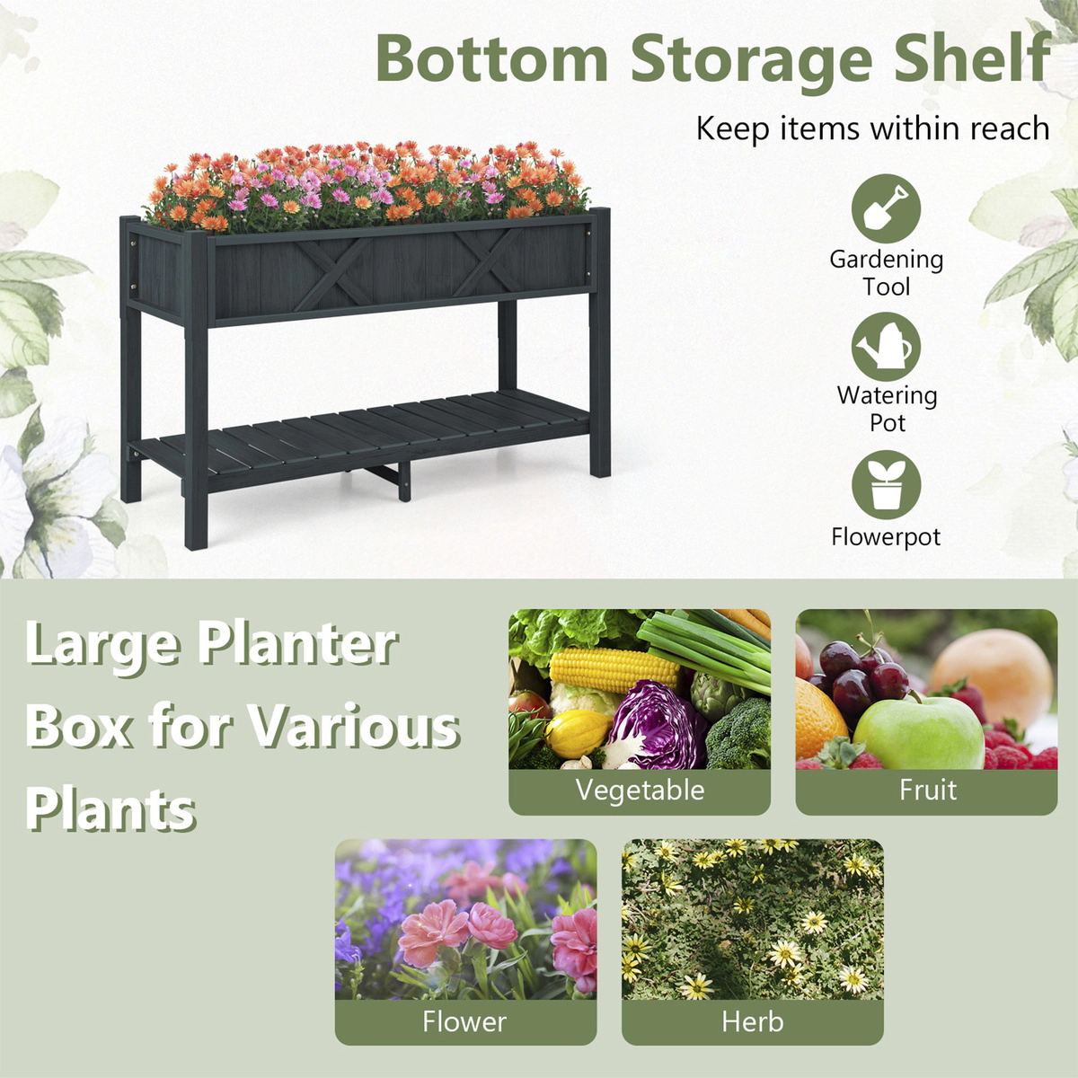 SUGIFT 47-in 110-lb Capacity Black HIPS Poly Wood Elevated Raised Garden Bed with Legs and 66-lb Storage Shelf