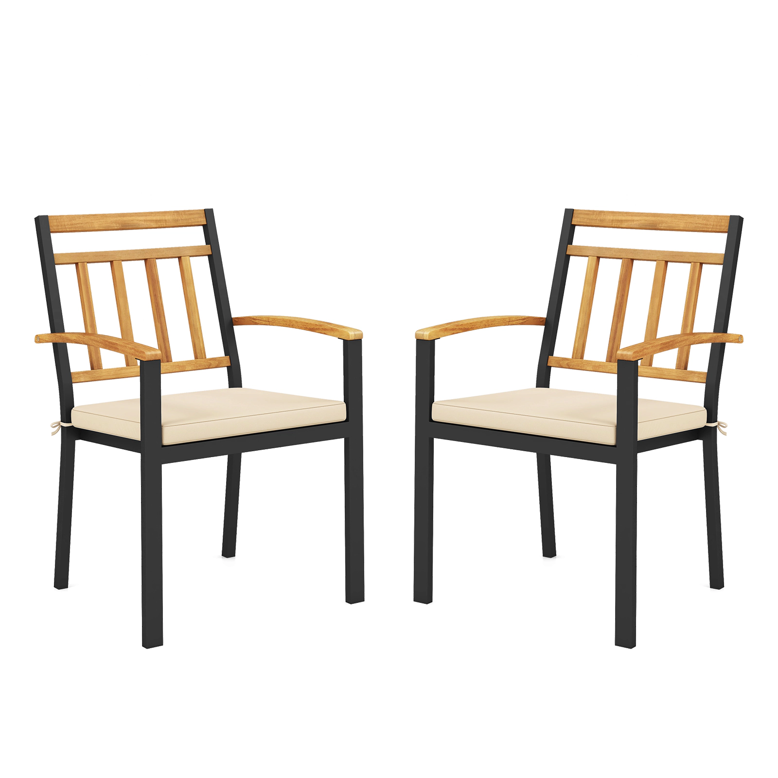 SUGIFT Set of 2 Outdoor Patio Dining Chairs with Cushions and Acacia Wood Armrests