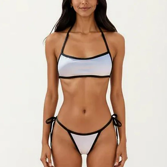 Anna-Kaci Women's 2-Piece Bikini Set with Straight Neck Sporty Top Contrast Trim Design Tie Side Bottom