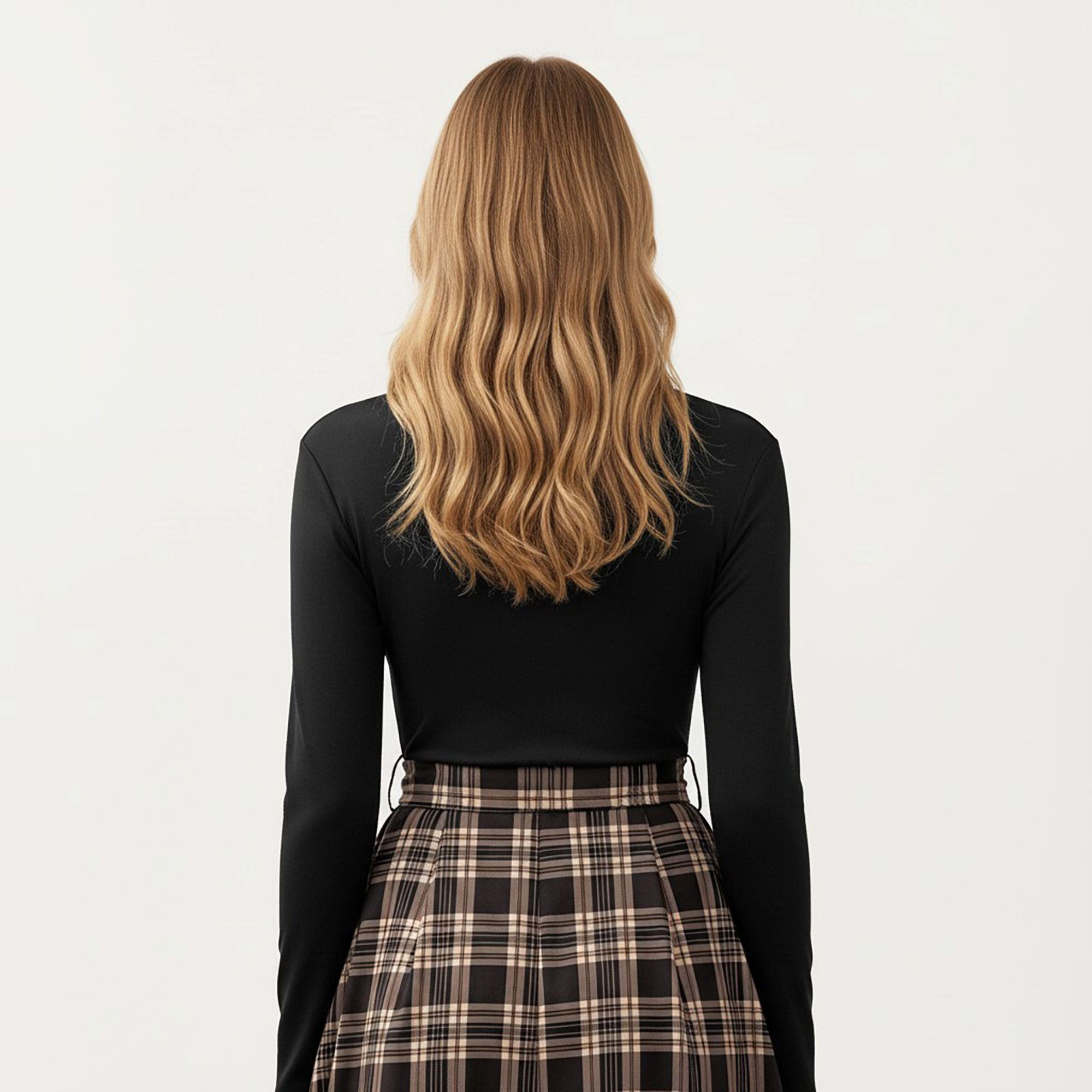 Anna-Kaci Women's Long Sleeve Turtleneck Plaid Waist Tie Dress
