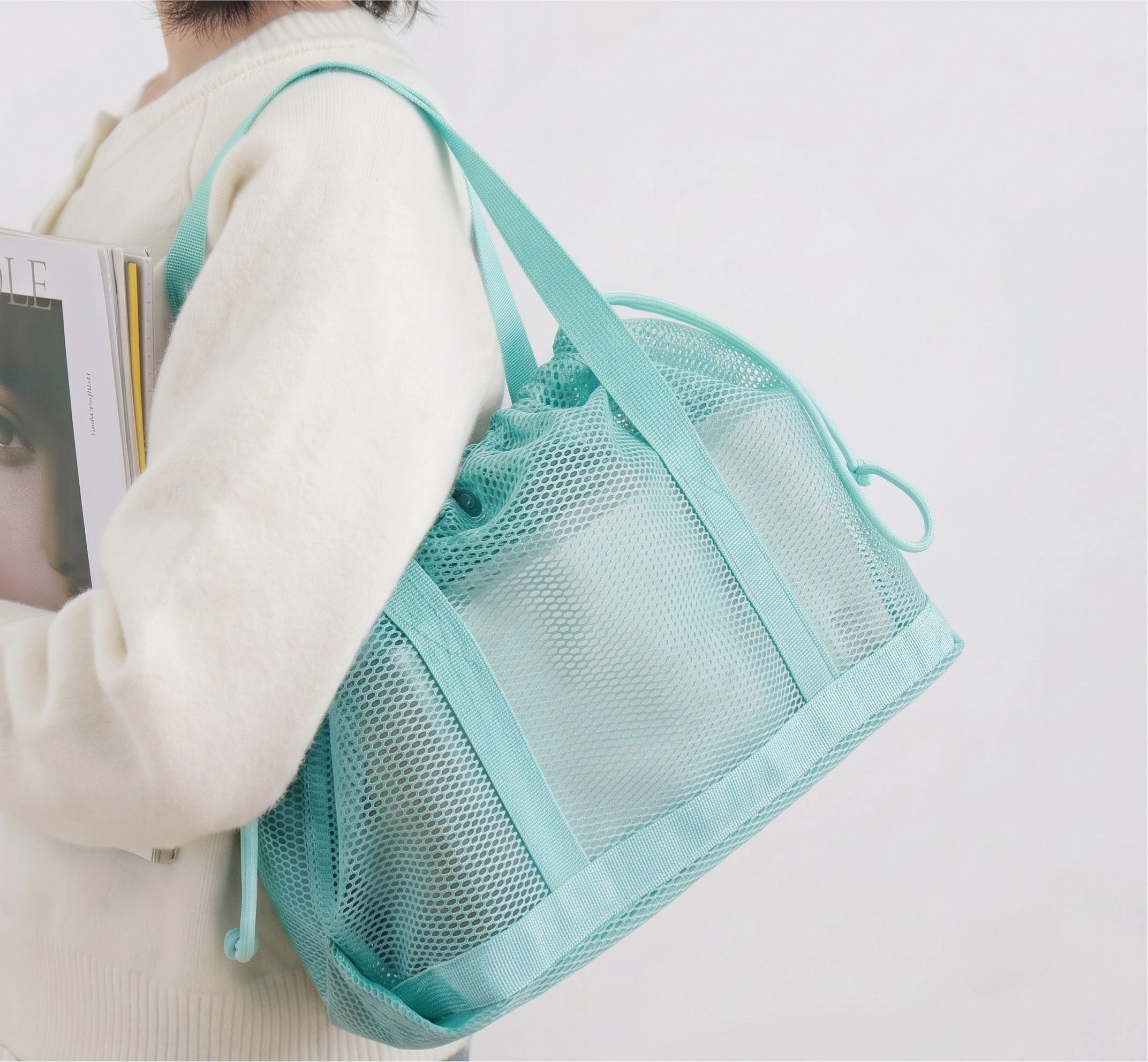 Alilang Women's Mesh Drawstring Tote Bag with Carry Handles and Organizer Pouch, Mint Green