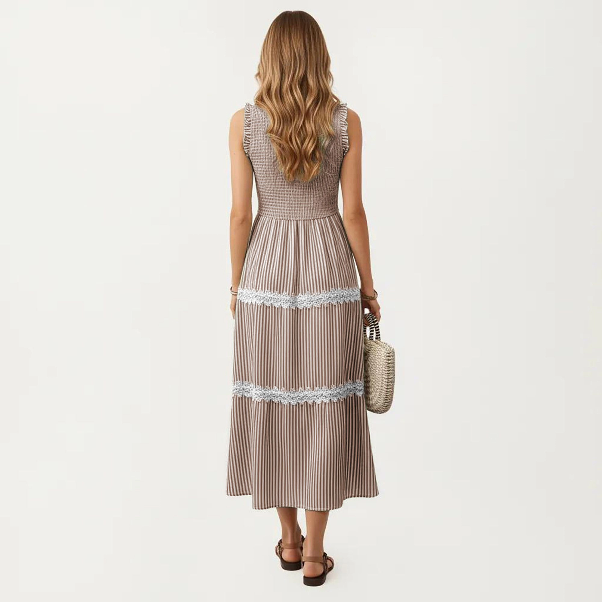 Anna-Kaci Womens Sleeveless Smocked Midi Dress with Lace Trim