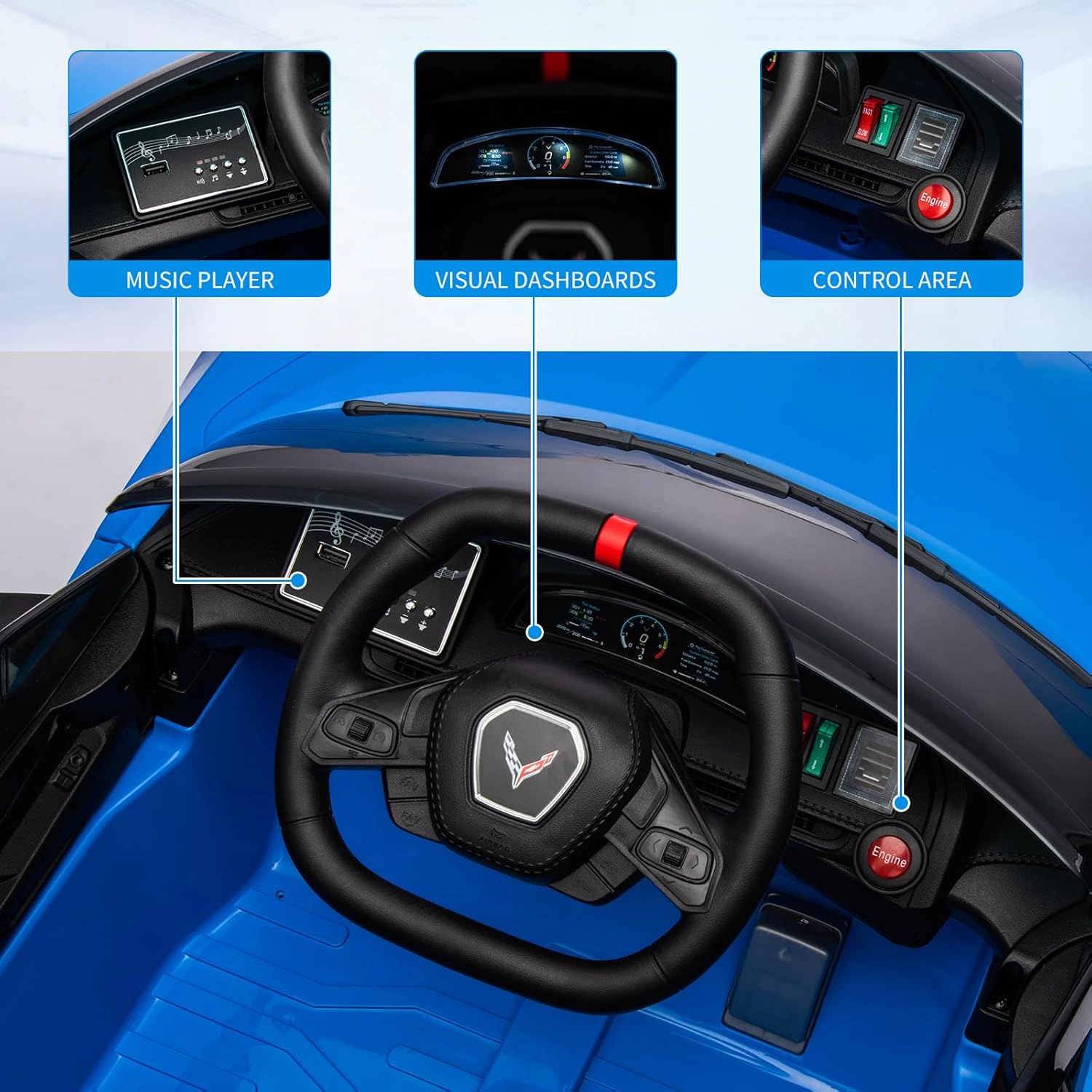 12V Kids Ride On Car, Licensed Corvette Battery Powered Electric Sports Car with Remote, LED, Music & Dashboard