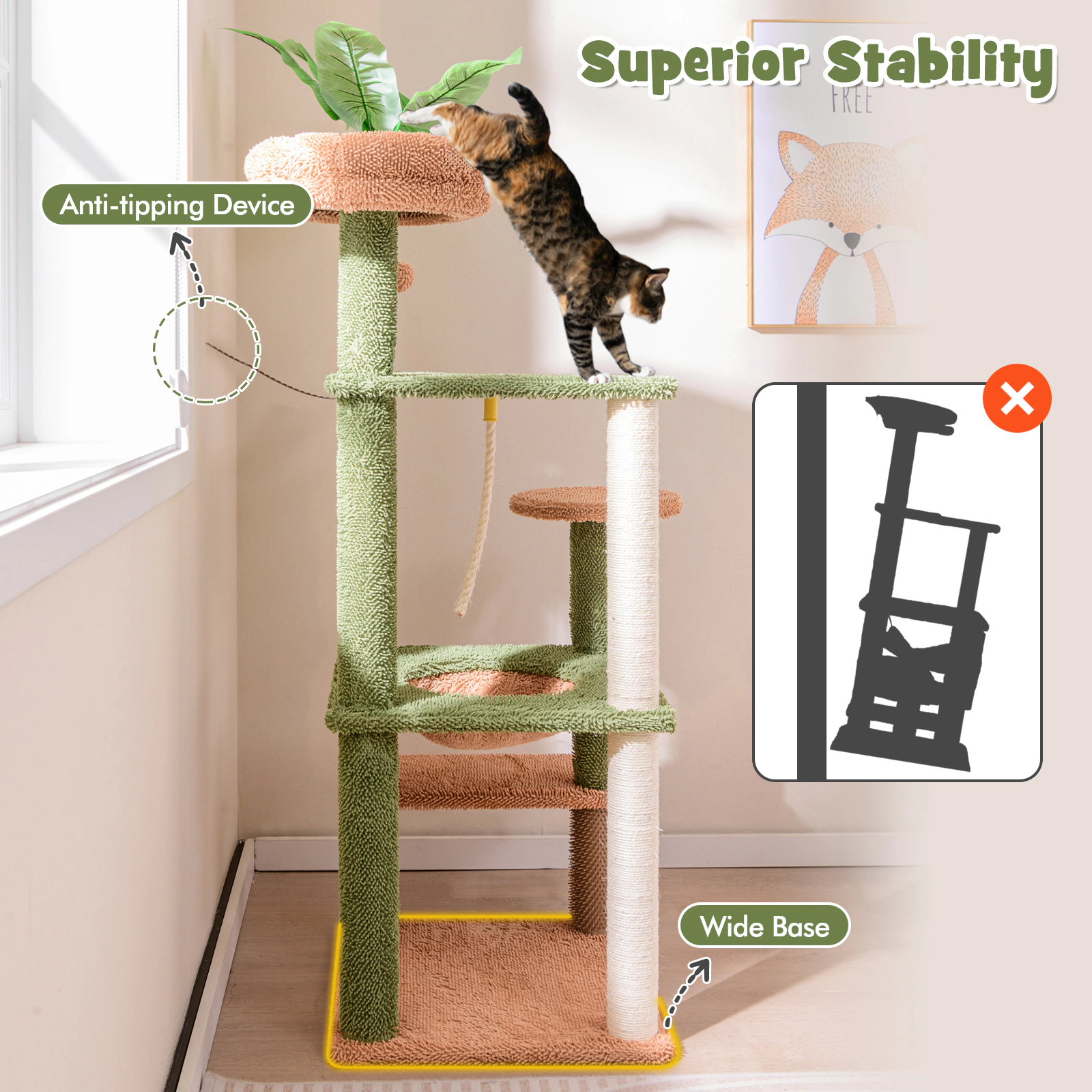 LJG Multilevel Cat Tree with Scratching Posts and Rope Plush Perch Toy Bed