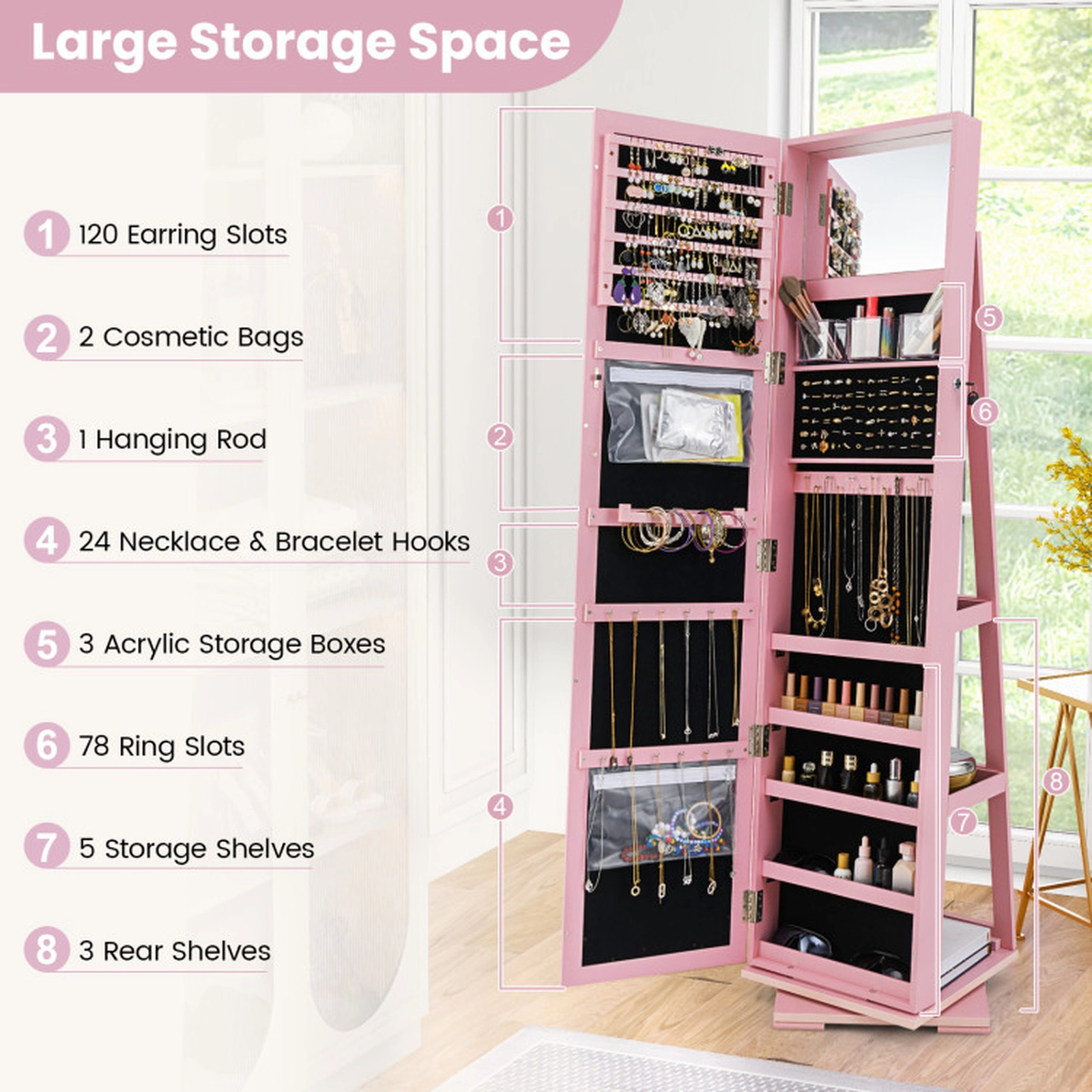 SUGIFT 2-in-1 Pink Lockable Jewelry Cabinet with 57-in Full-Length Mirror Rotating Base and Anti-Rust Hooks