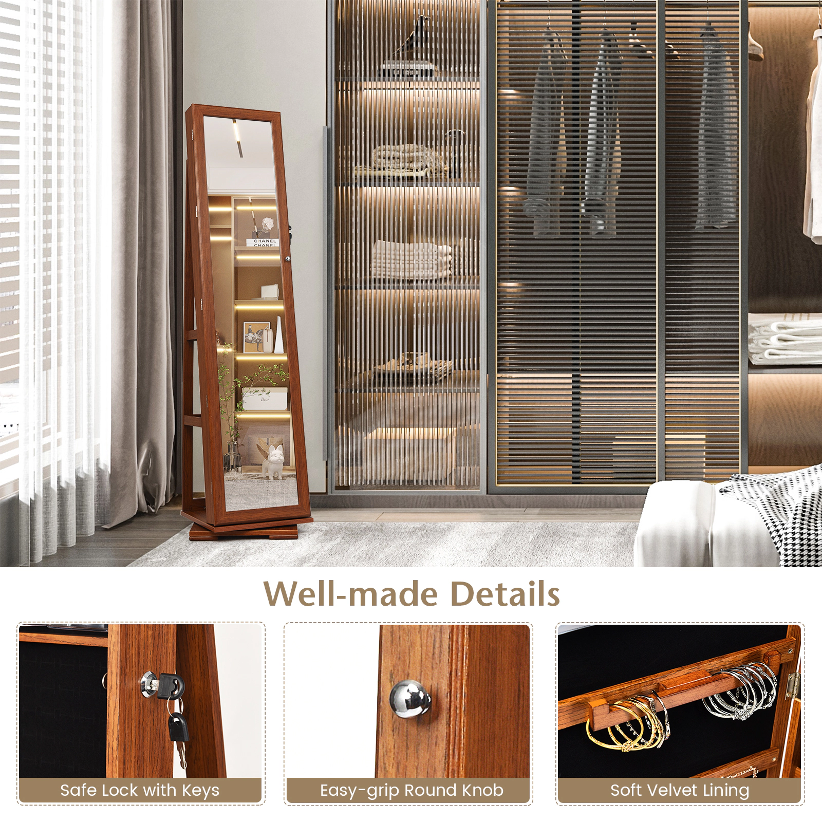 SUGIFT 360° Rotatable 2-in-1 Lockable Jewelry Cabinet with Full-Length 57-in Mirror Brown