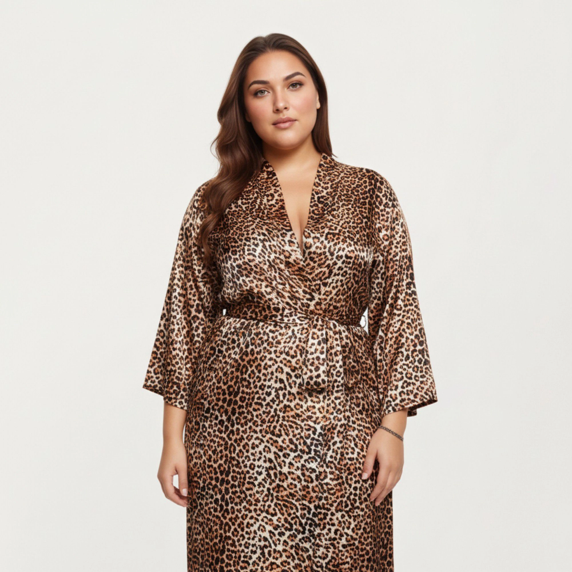 Anna-Kaci Women's Leopard Print Satin Robe Soft Silky Sheen Adjustable Wrap Tie Waist and Flowing Longline Silhouette