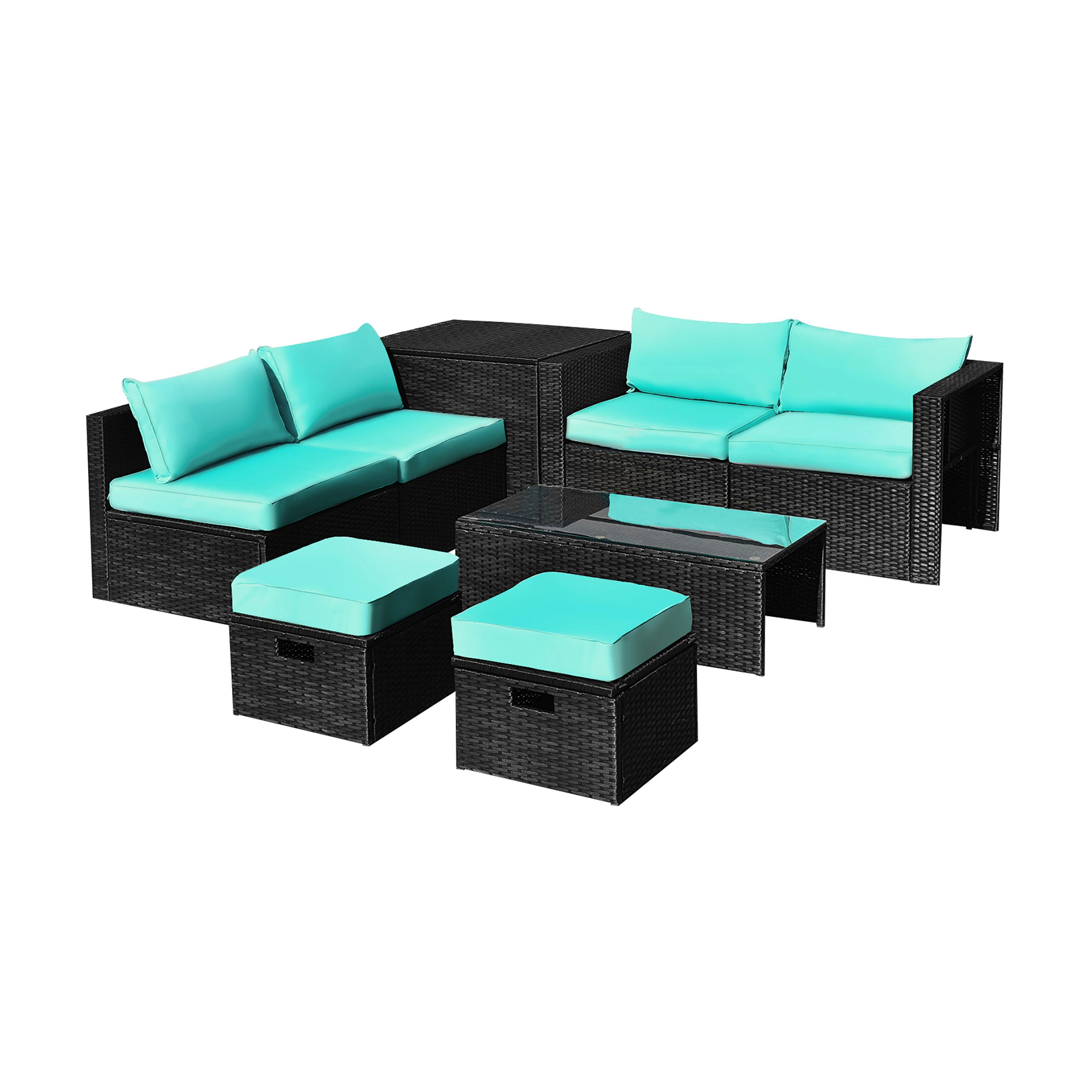 SUGIFT Storage Box and Glass Coffee Table 8-Piece Turquoise Patio Rattan Modular Set