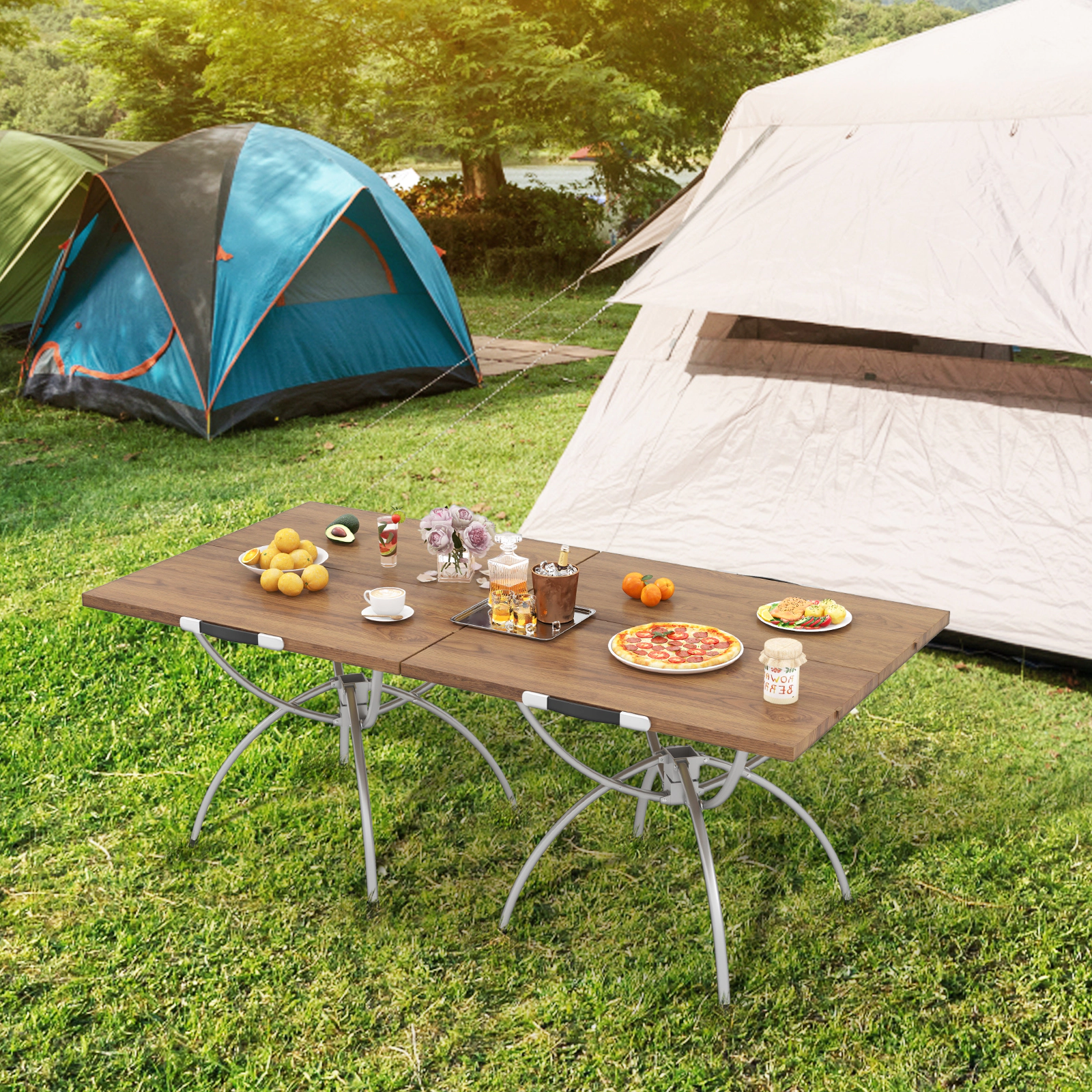 LJG Patented 2 Pack Folding Camping Table with Wood-Grain Tabletop for Hiking Party