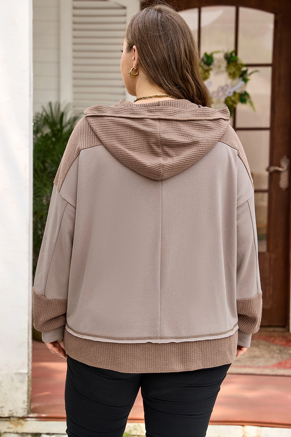 Threaded Pear Women's Goat Waffle Contrast Patchwork Plus Pocketed Hoodie