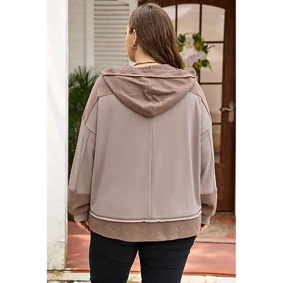 Threaded Pear Women's Goat Waffle Contrast Patchwork Plus Size Pocketed Hoodie
