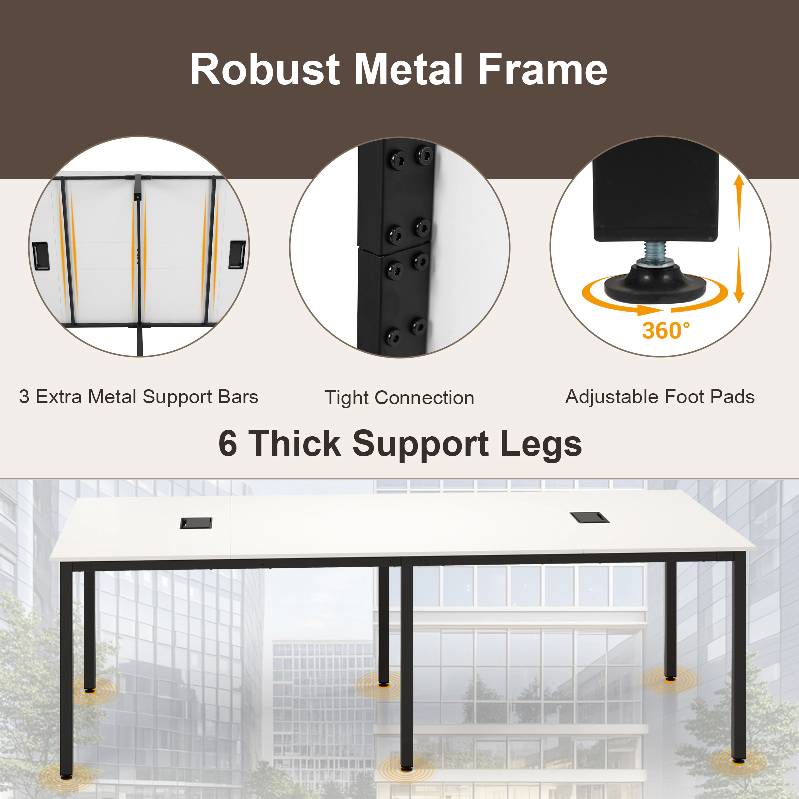 SUGIFT 95-in Rustic Brown Conference Room Table for 10 People with 2 Cable Grommets and 6-Leg Metal Frame