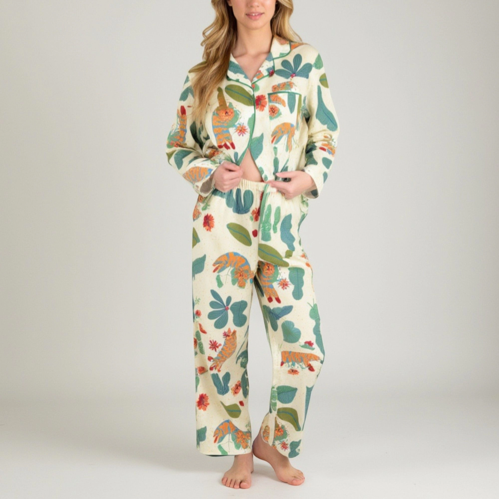 Anna-Kaci Women's Long Sleeve Button Up Jungle Print Pajama Set with Chest Pocket and Matching Pants
