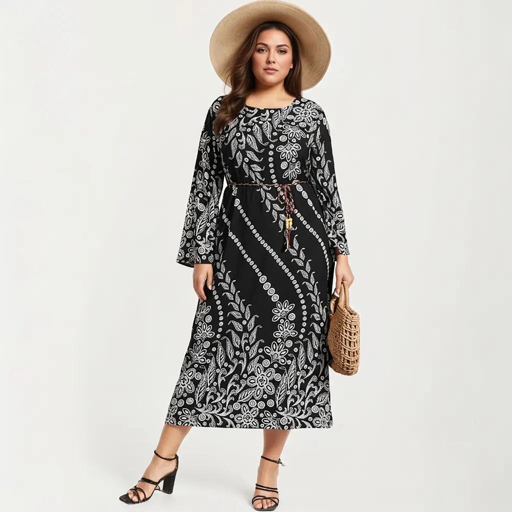 Anna-Kaci Women's Plus Paisley Print Long Sleeve Round Neck Adjustable Waist Tie Midi Dress