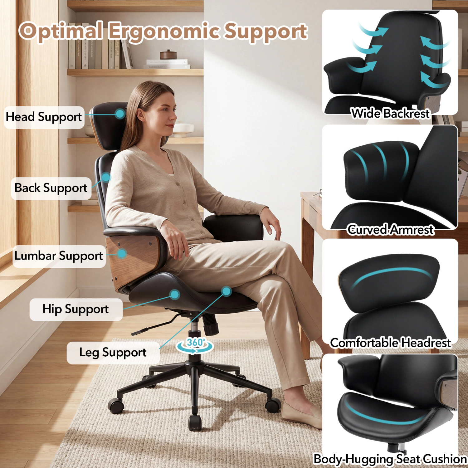 LJG Ergonomic Office Chair with Headrest Adjustable Height for Home Office and Study